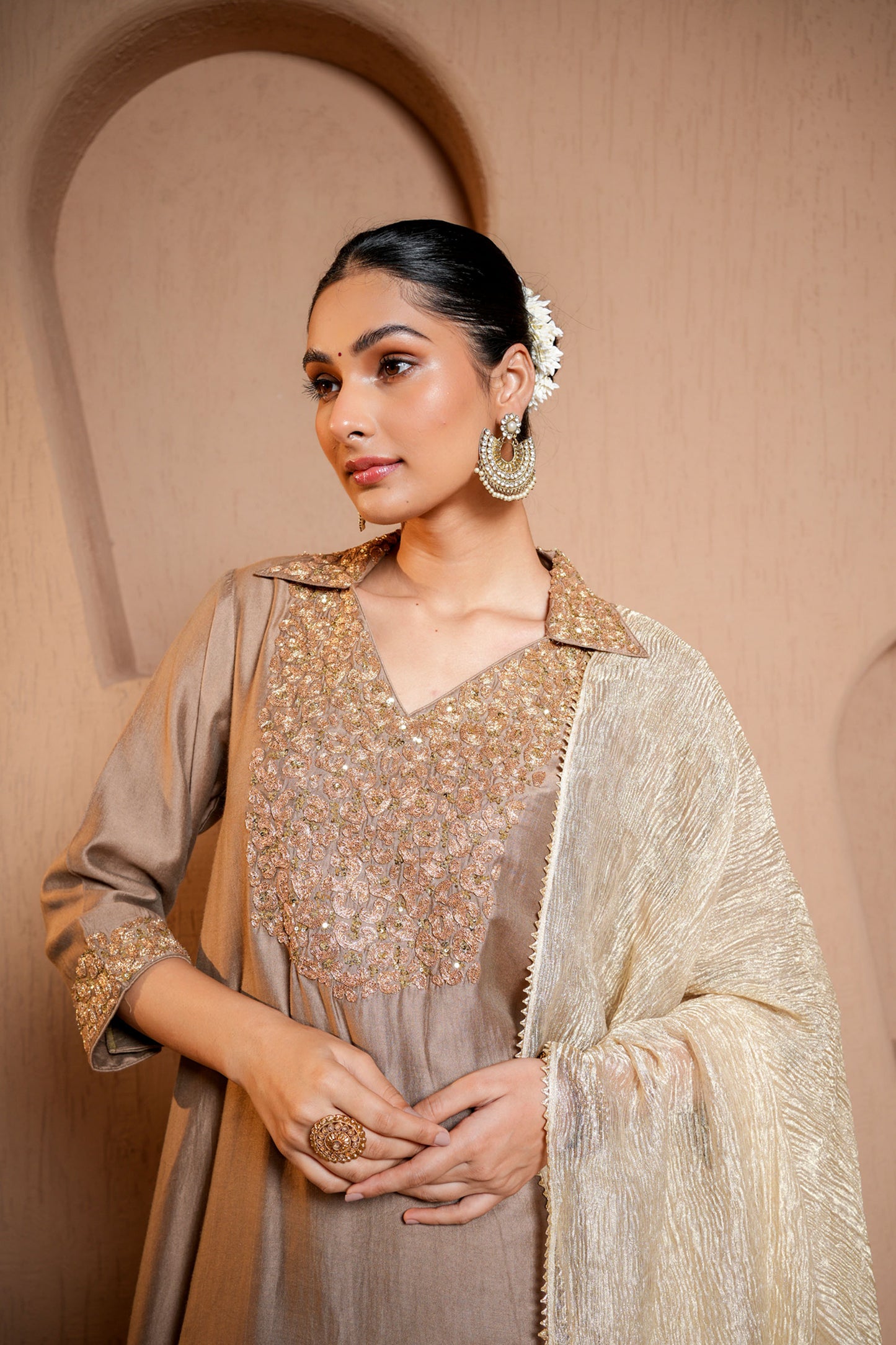 Brown Chanderi Zari & Sequece Work Kurta Set