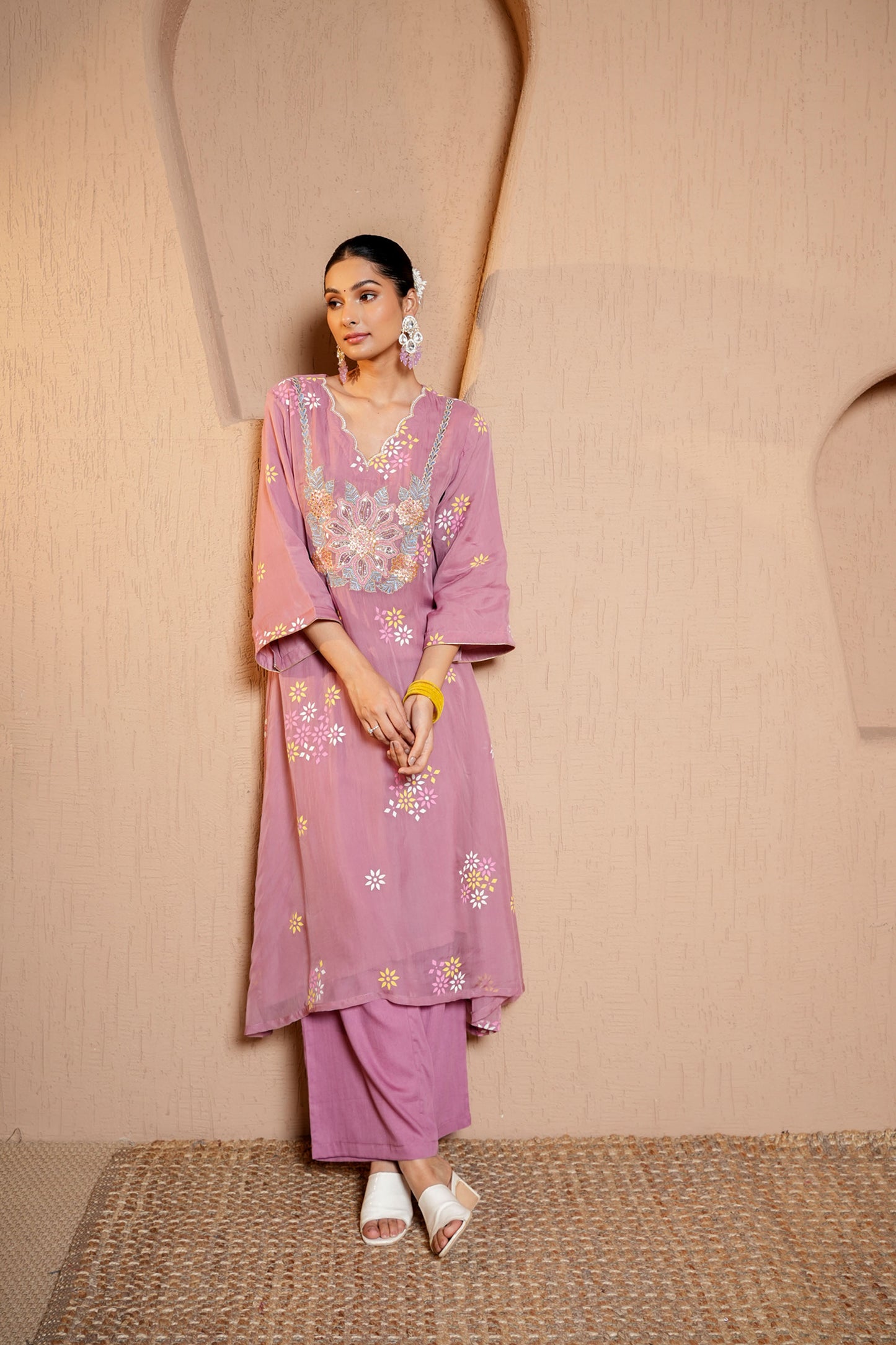 Dusty Pink Organza Thread Work Embroidery A-line Kurta-plazo Set