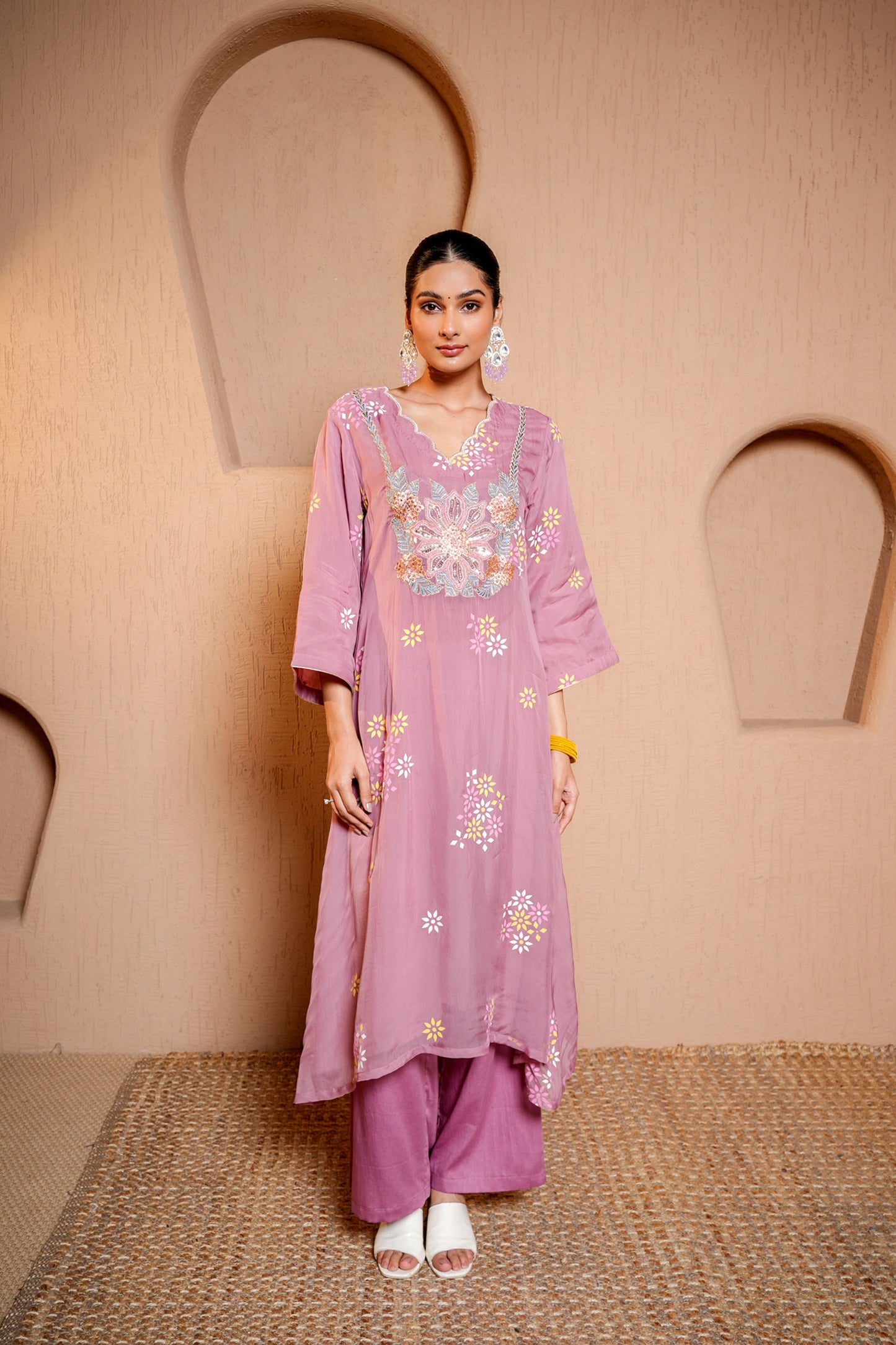 Dusty Pink Organza Thread Work Embroidery A-line Kurta-plazo Set