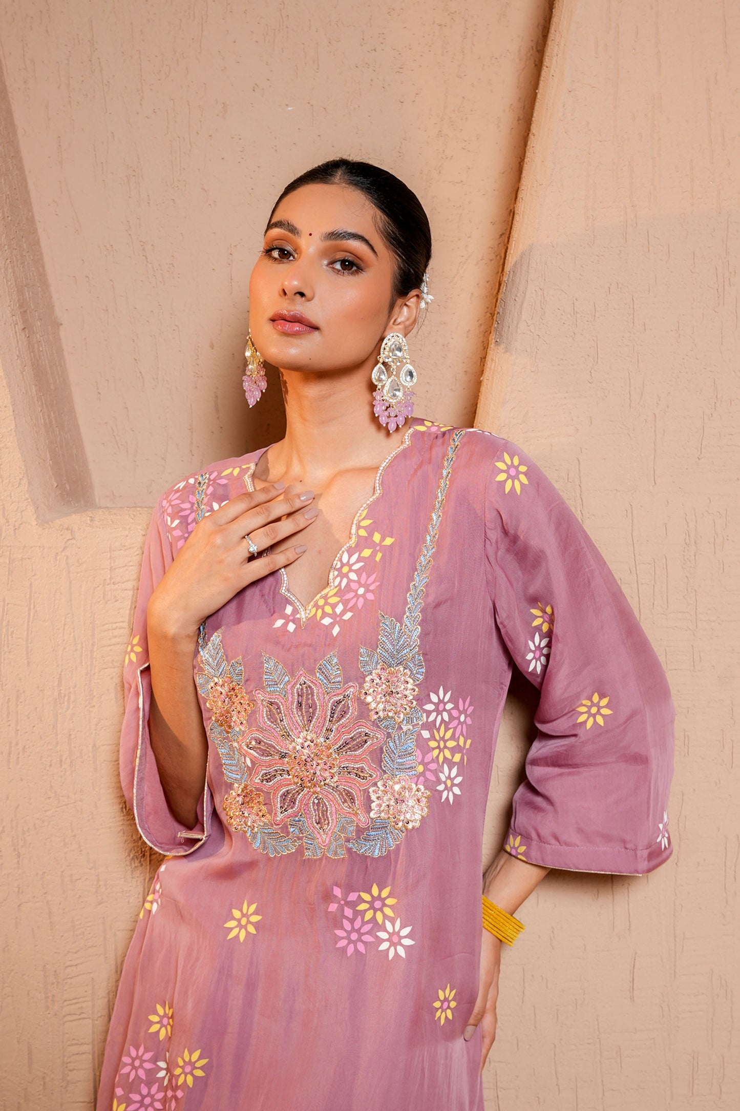 Dusty Pink Organza Thread Work Embroidery A-line Kurta-plazo Set