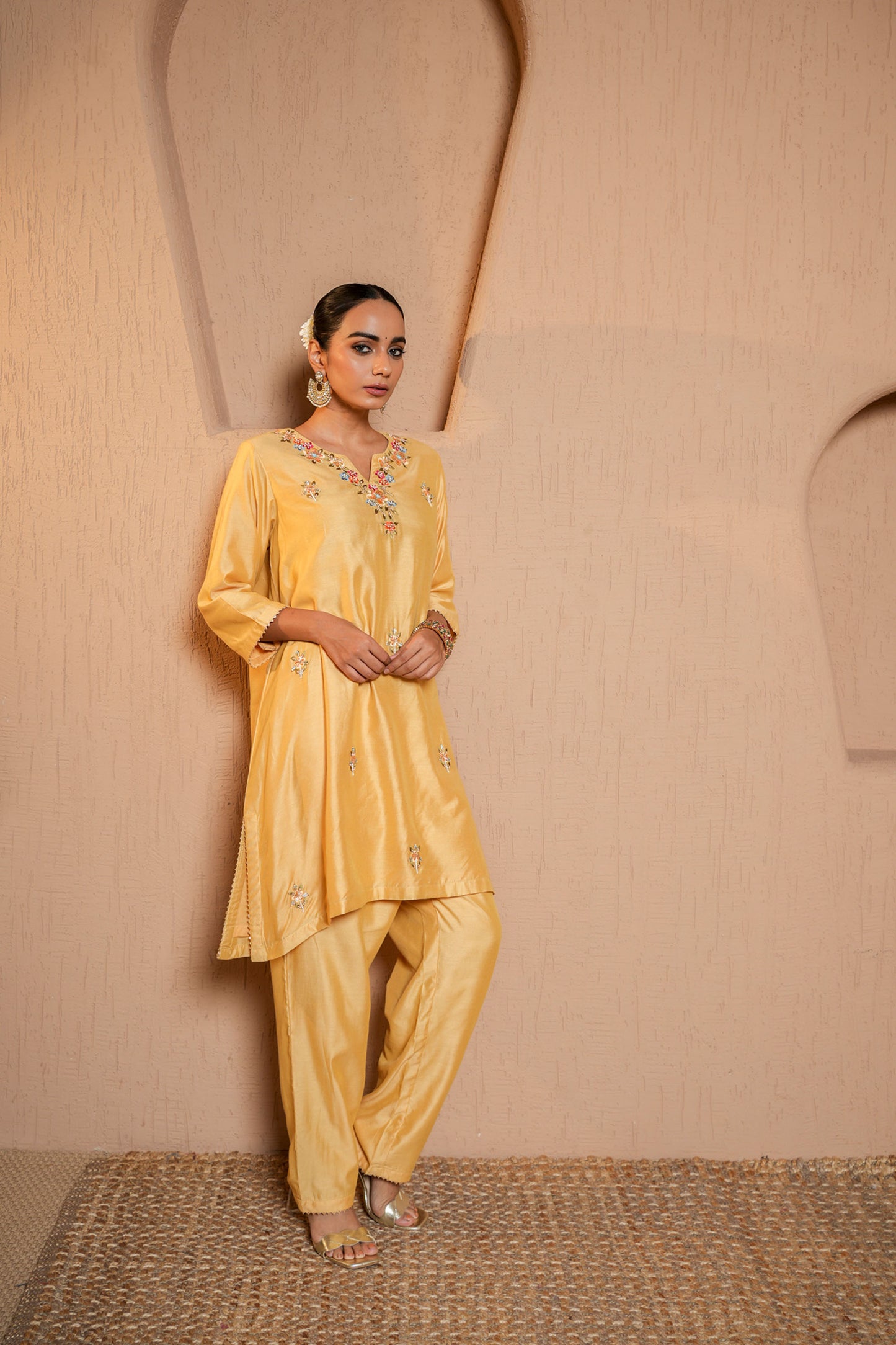 Beige Chanderi Booti Hand Work Embroidery Kurta Set