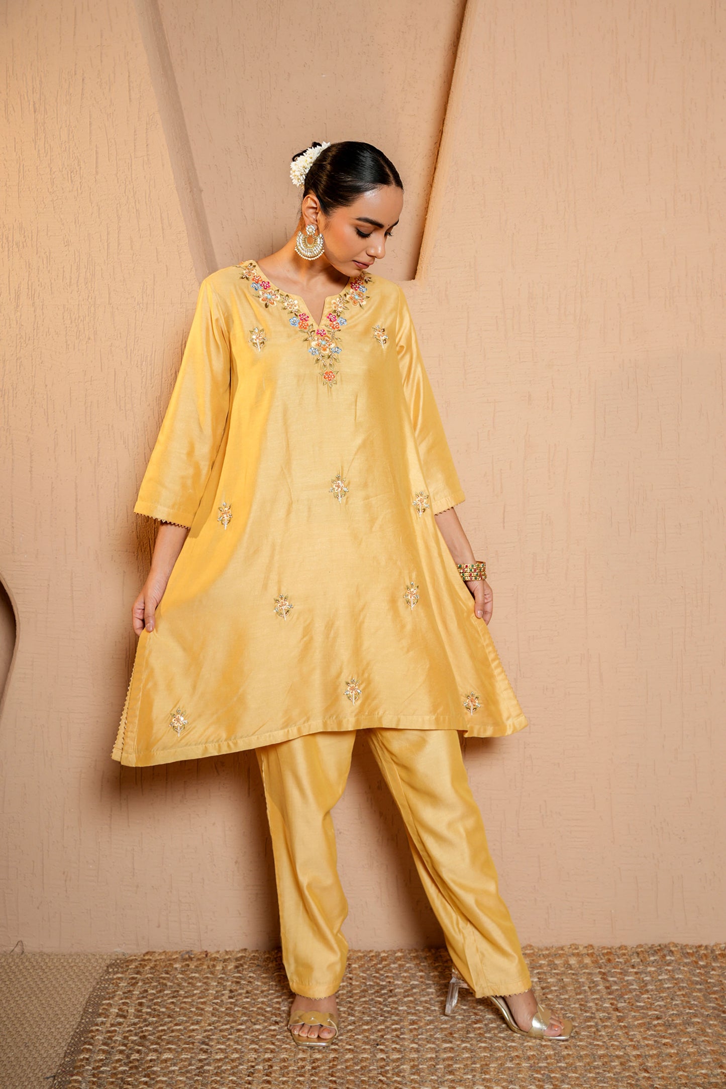 Beige Chanderi Booti Hand Work Embroidery Kurta Set