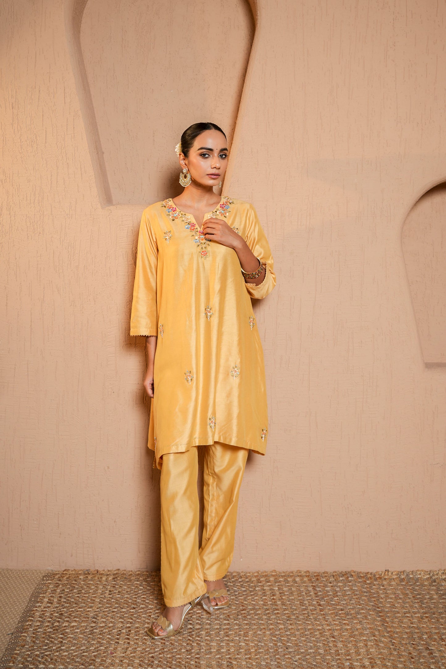 Beige Chanderi Booti Hand Work Embroidery Kurta Set