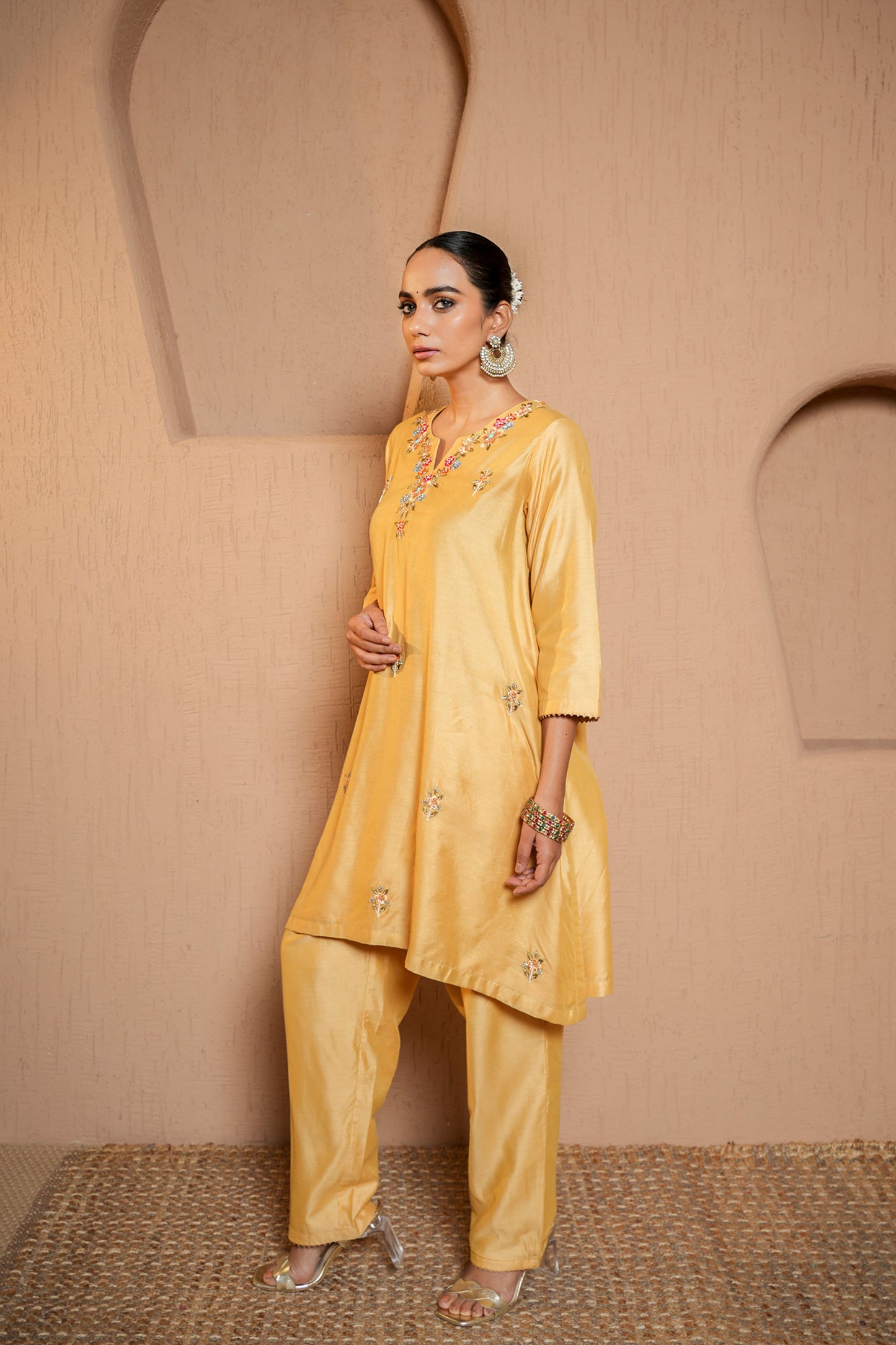 Beige Chanderi Booti Hand Work Embroidery Kurta Set