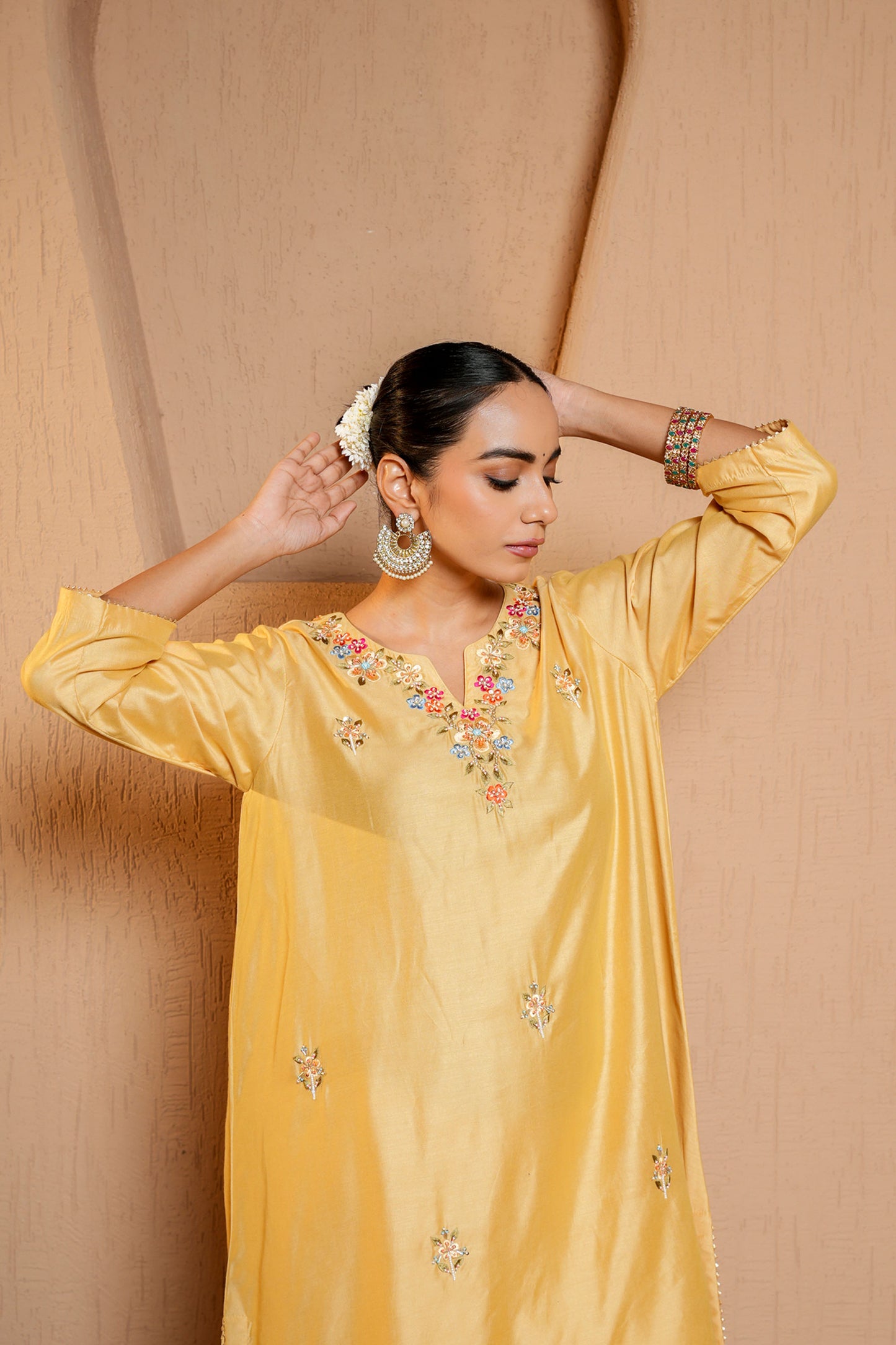 Beige Chanderi Booti Hand Work Embroidery Kurta Set