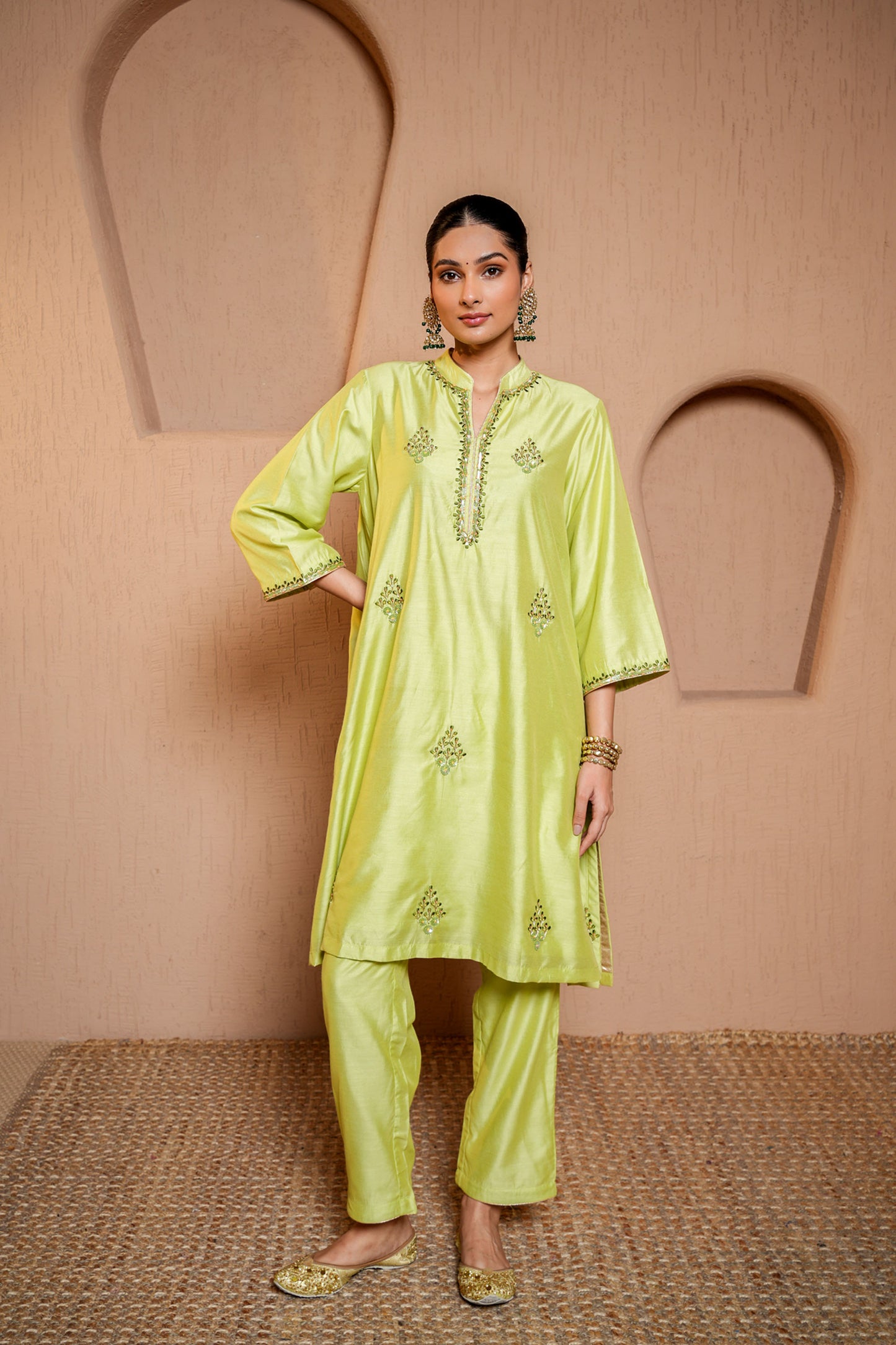 Green Chanderi  Booti & SequinsHand Work Suit Set