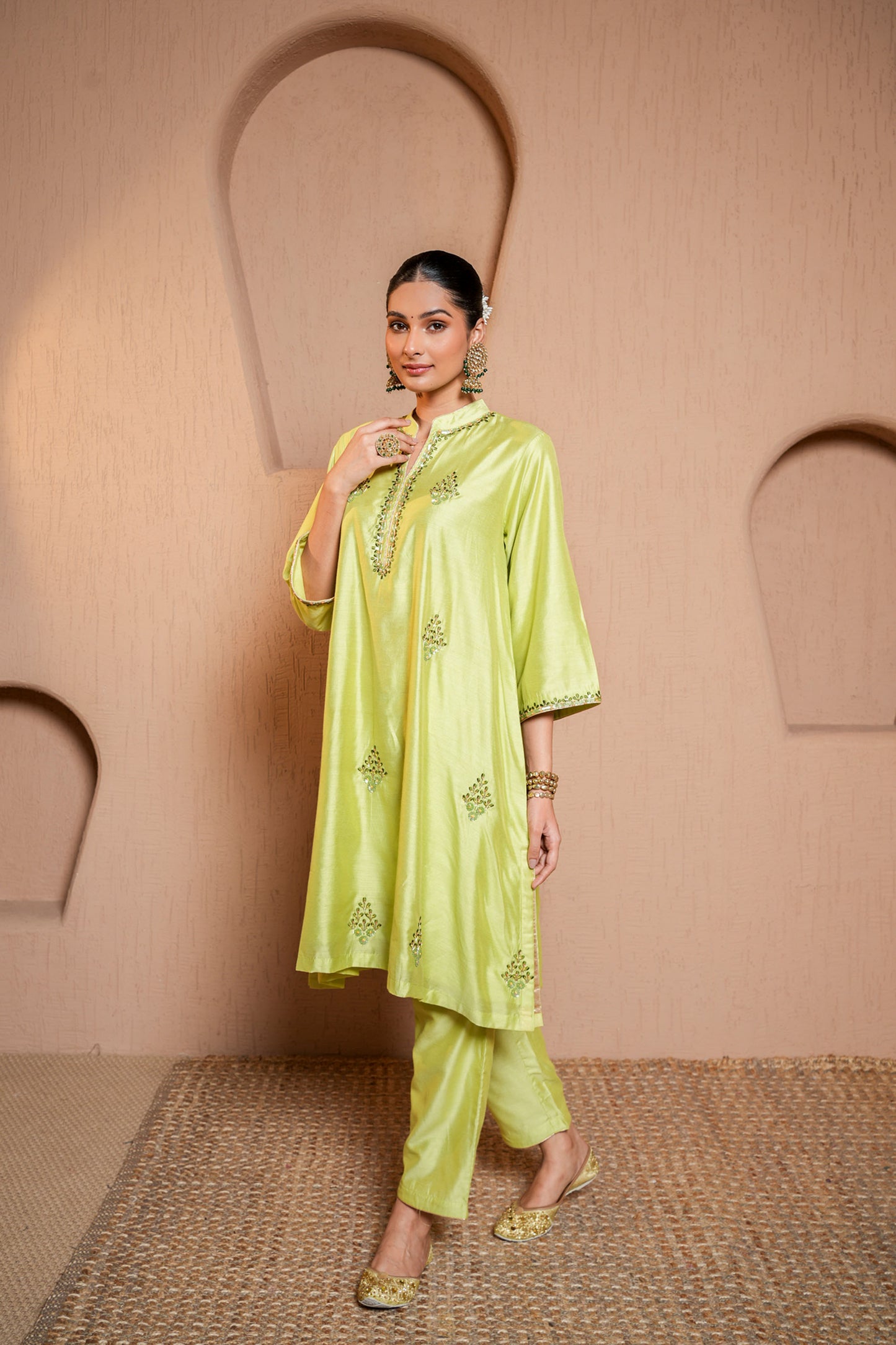 Green Chanderi  Booti & SequinsHand Work Suit Set