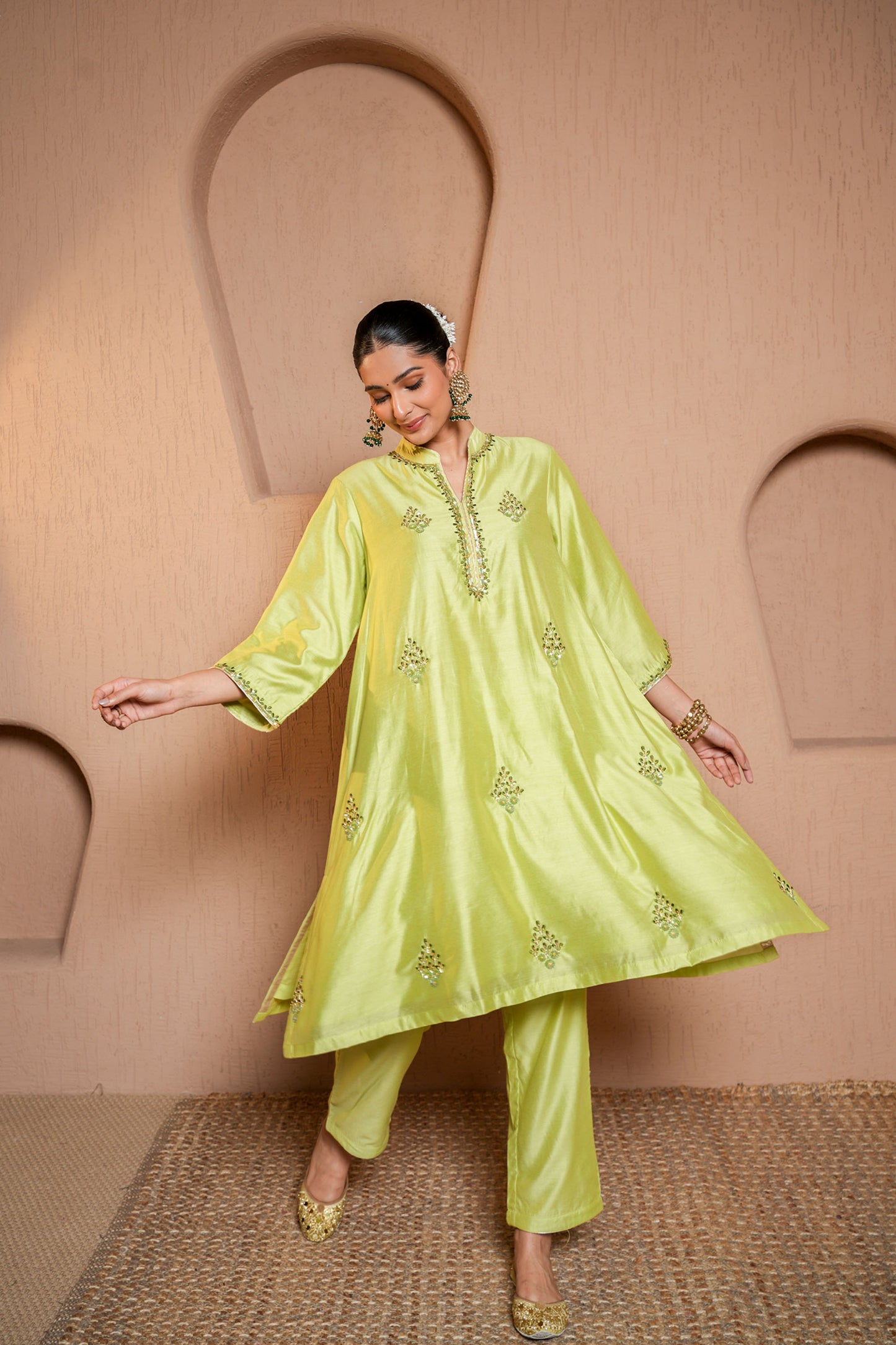 Green Chanderi  Booti & SequinsHand Work Suit Set