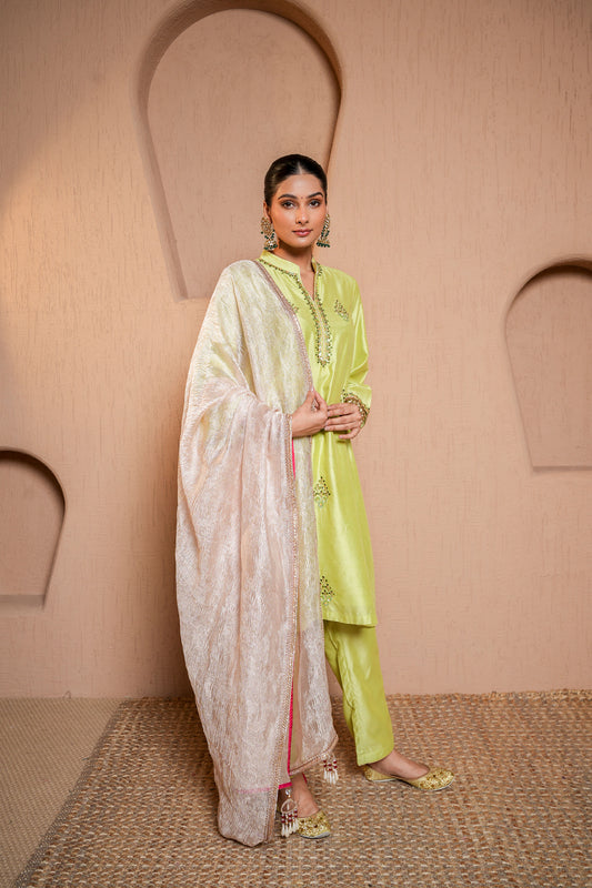 Green Chanderi  Booti & SequinsHand Work Suit Set