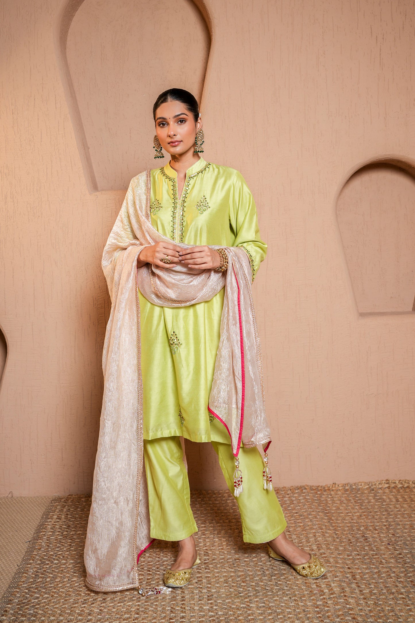 Green Chanderi  Booti & SequinsHand Work Suit Set