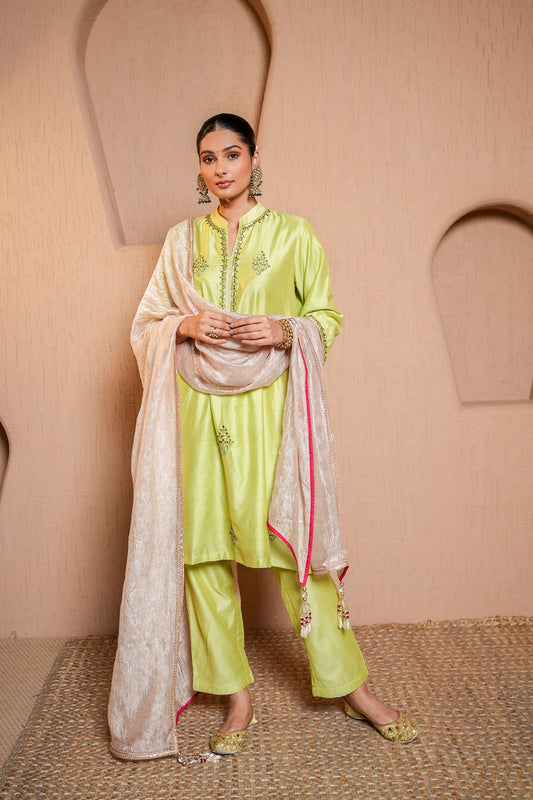 Green Chanderi  Booti & SequinsHand Work Suit Set