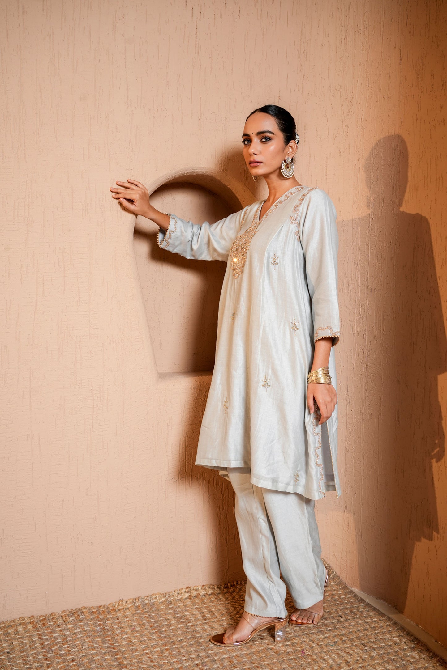 Grey Silk Chanderi A-line Thread Work Embroidery Kurta-plazo Set