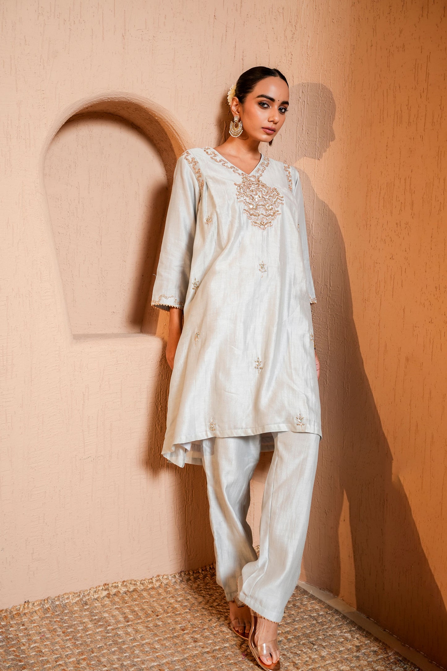 Grey Silk Chanderi A-line Thread Work Embroidery Kurta-plazo Set