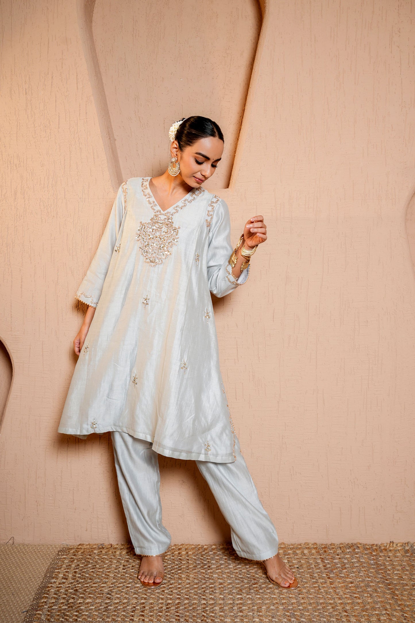 Grey Silk Chanderi A-line Thread Work Embroidery Kurta-plazo Set