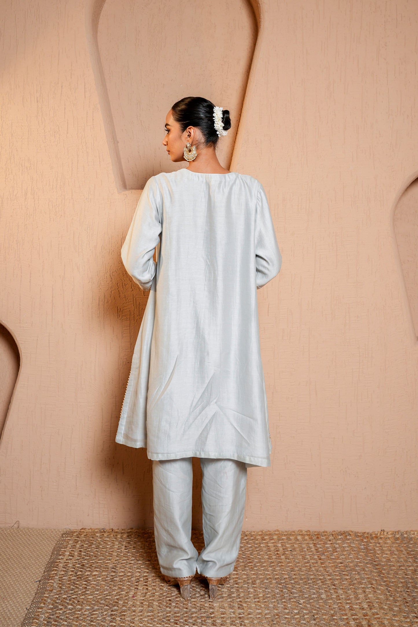 Grey Silk Chanderi A-line Thread Work Embroidery Kurta-plazo Set