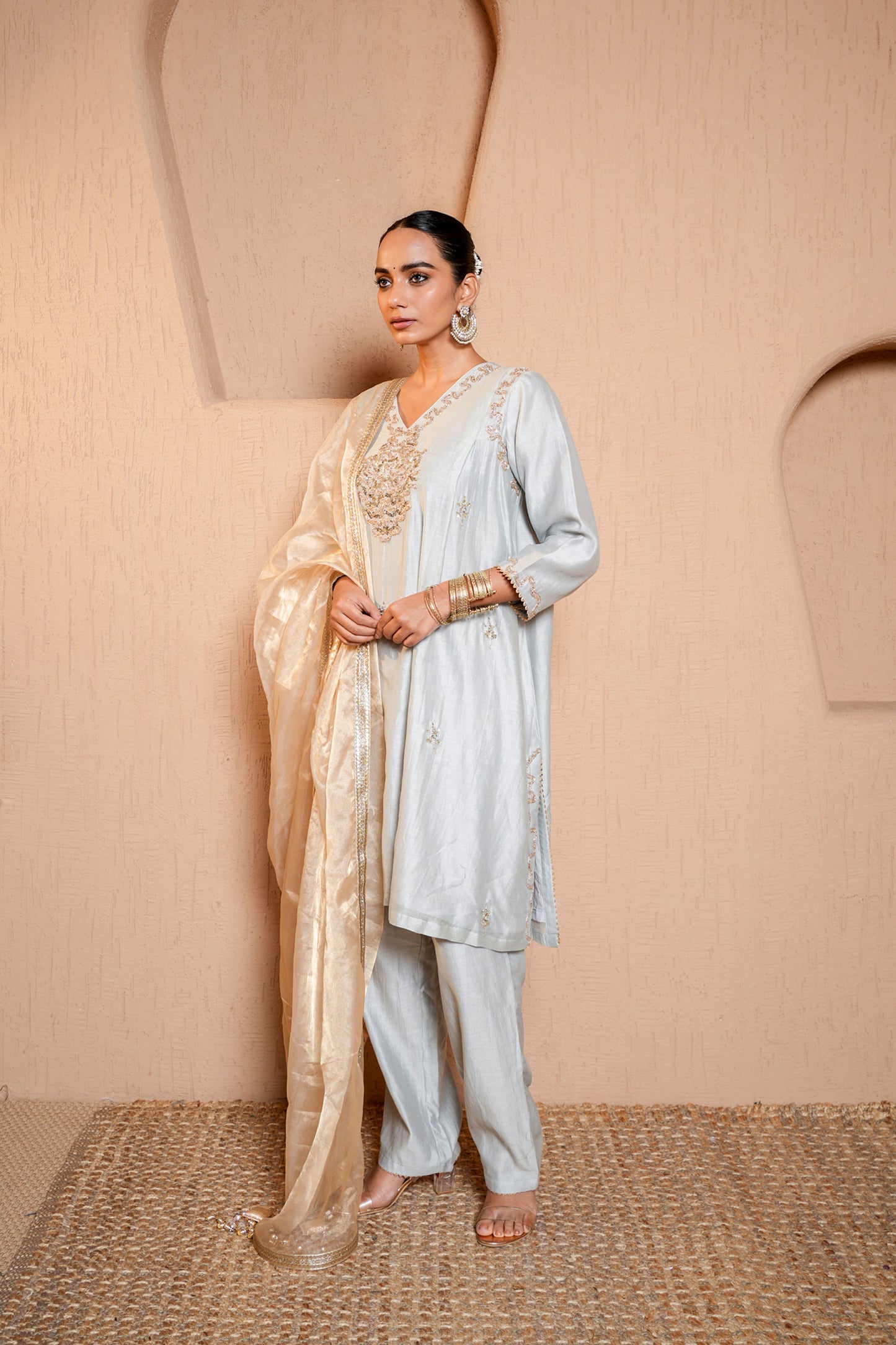 Grey Silk Chanderi A-line Thread Work Embroidery Kurta-plazo Set