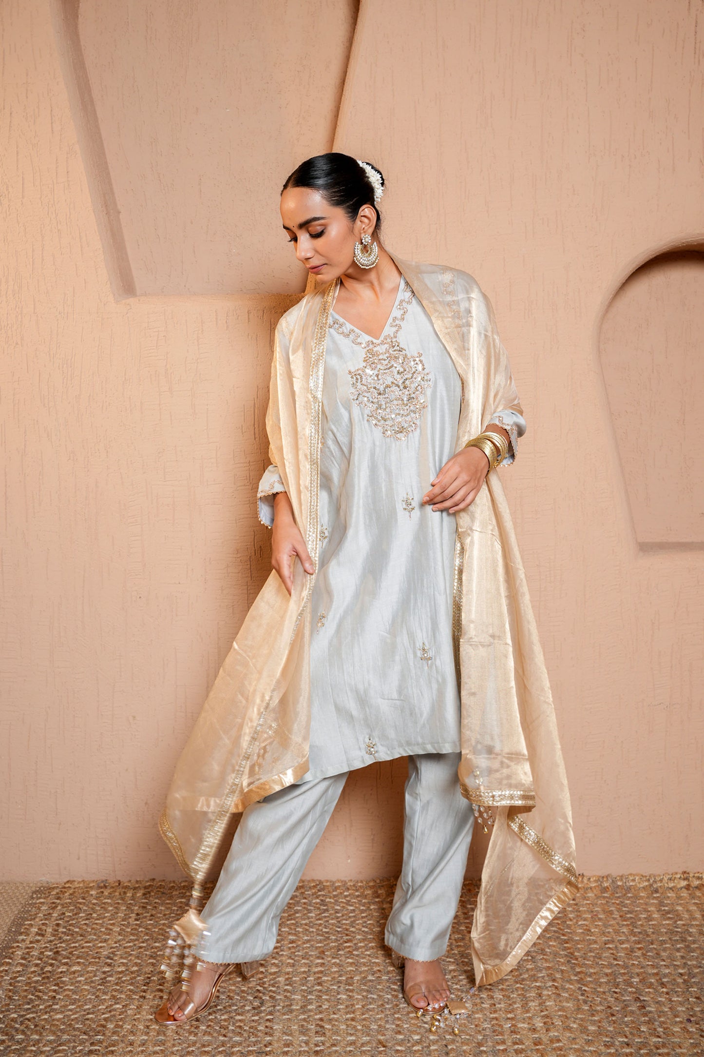 Grey Silk Chanderi A-line Thread Work Embroidery Kurta-plazo Set