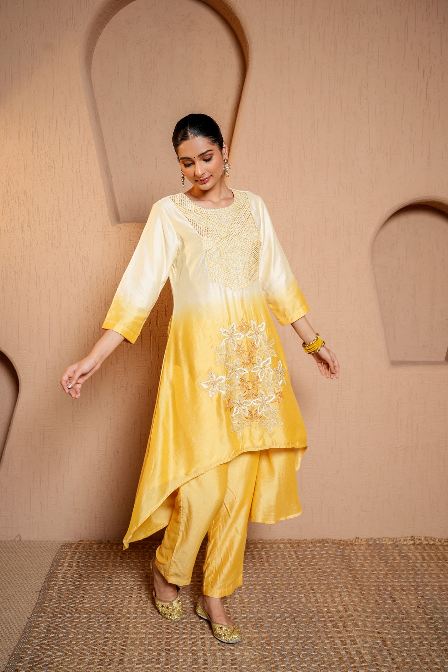 White & Yellow Chanderi Thread Work Embroidery Kurta Set