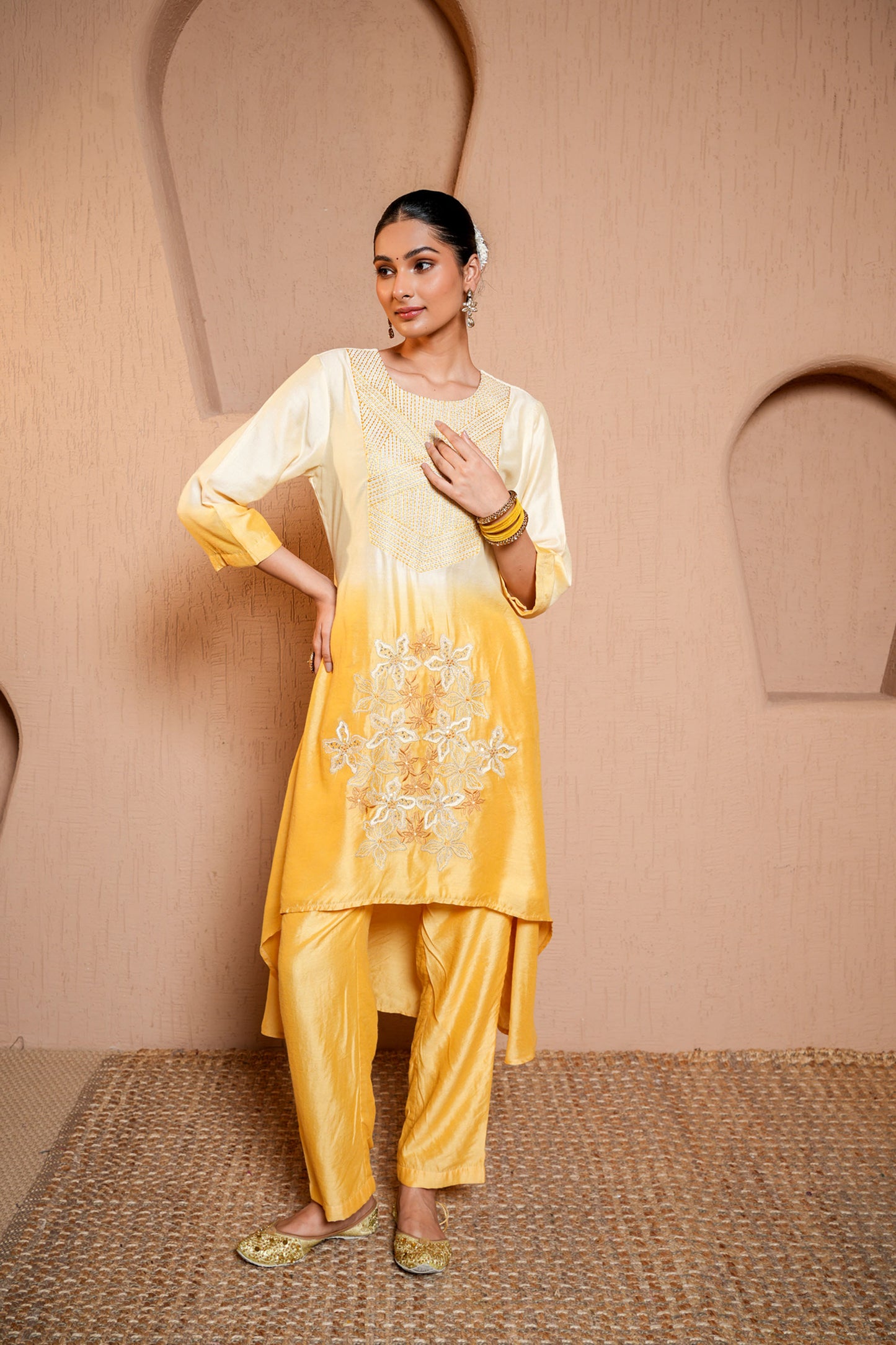 White & Yellow Chanderi Thread Work Embroidery Kurta Set