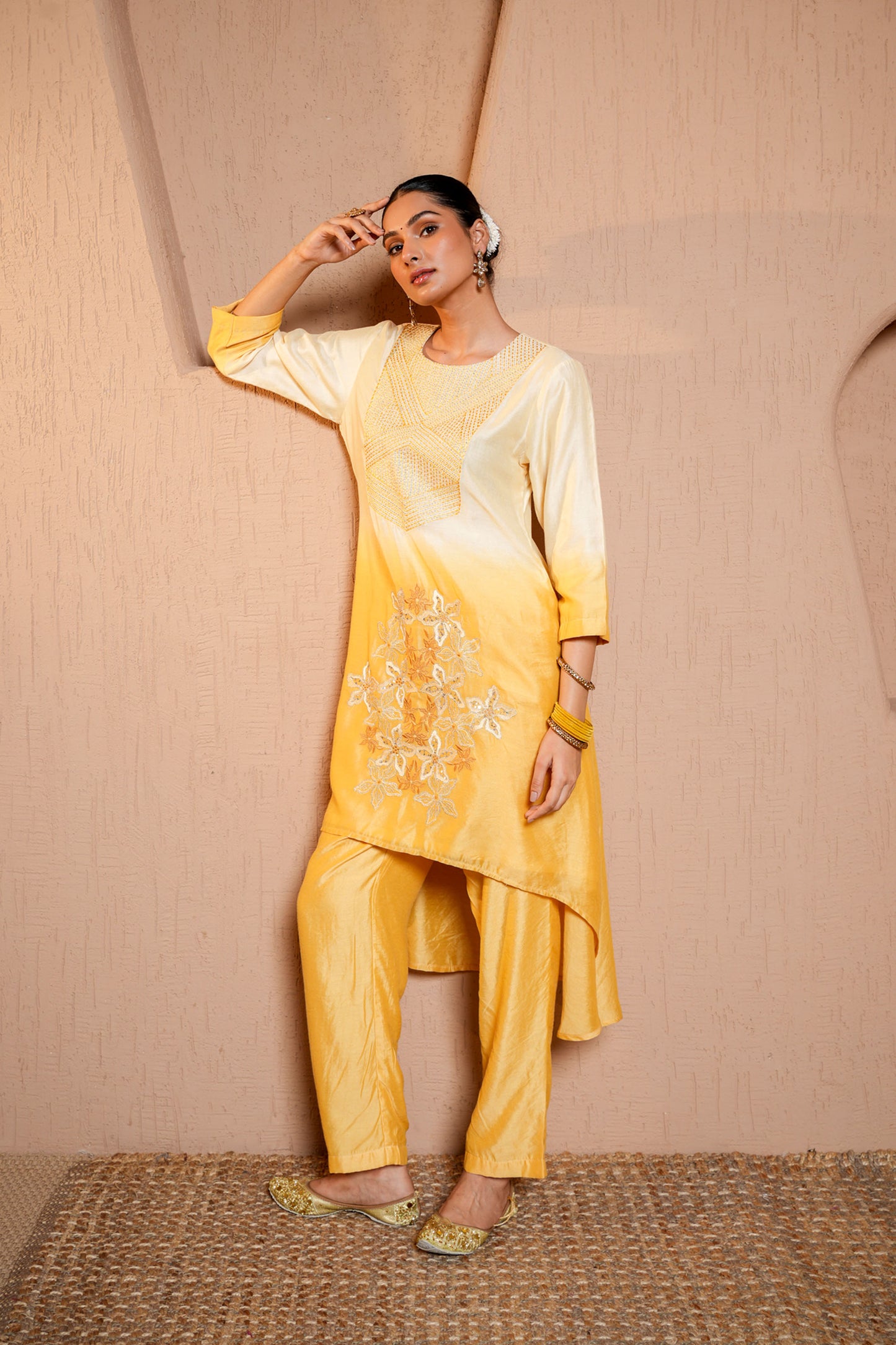 White & Yellow Chanderi Thread Work Embroidery Kurta Set