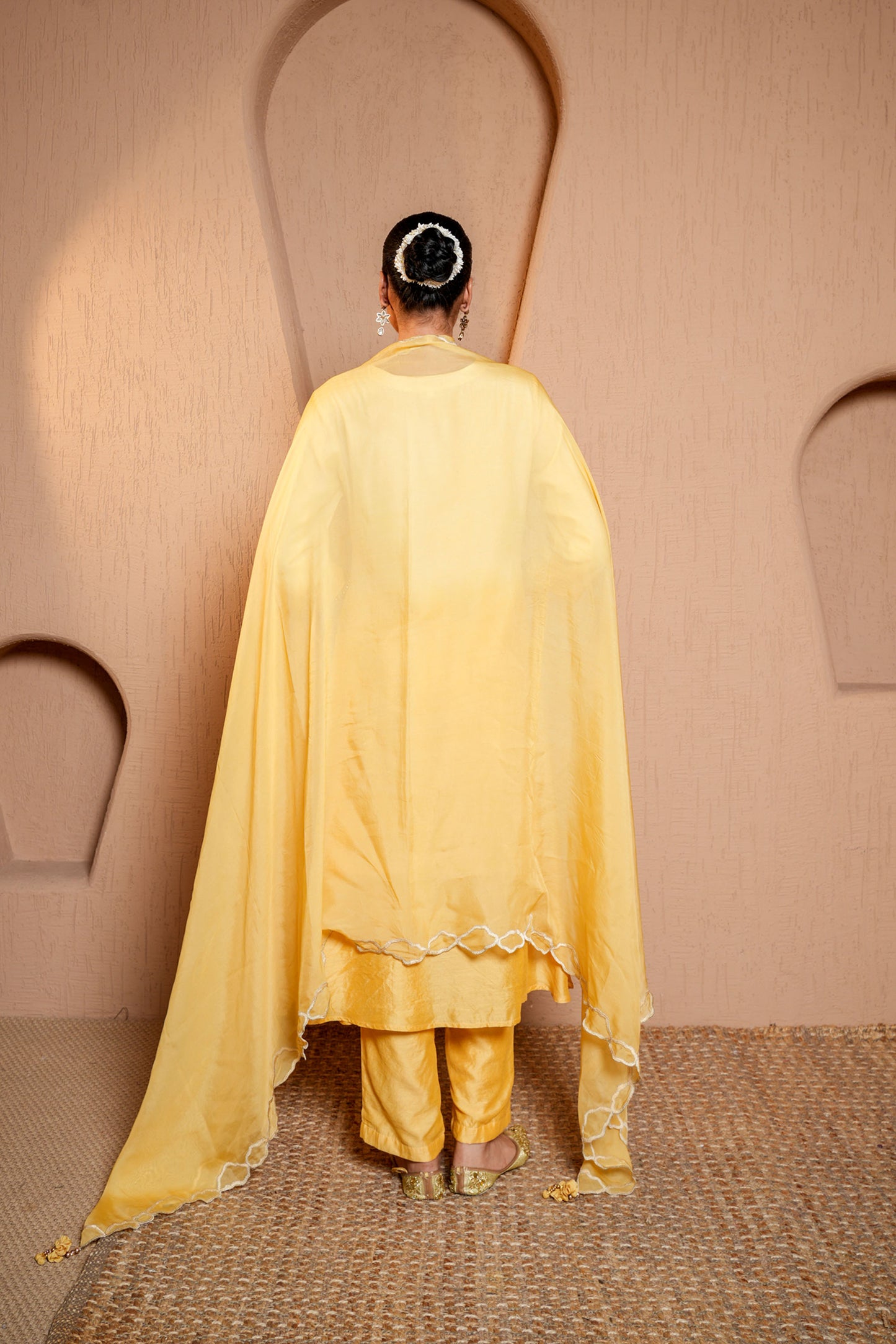 White & Yellow Chanderi Thread Work Embroidery Kurta Set