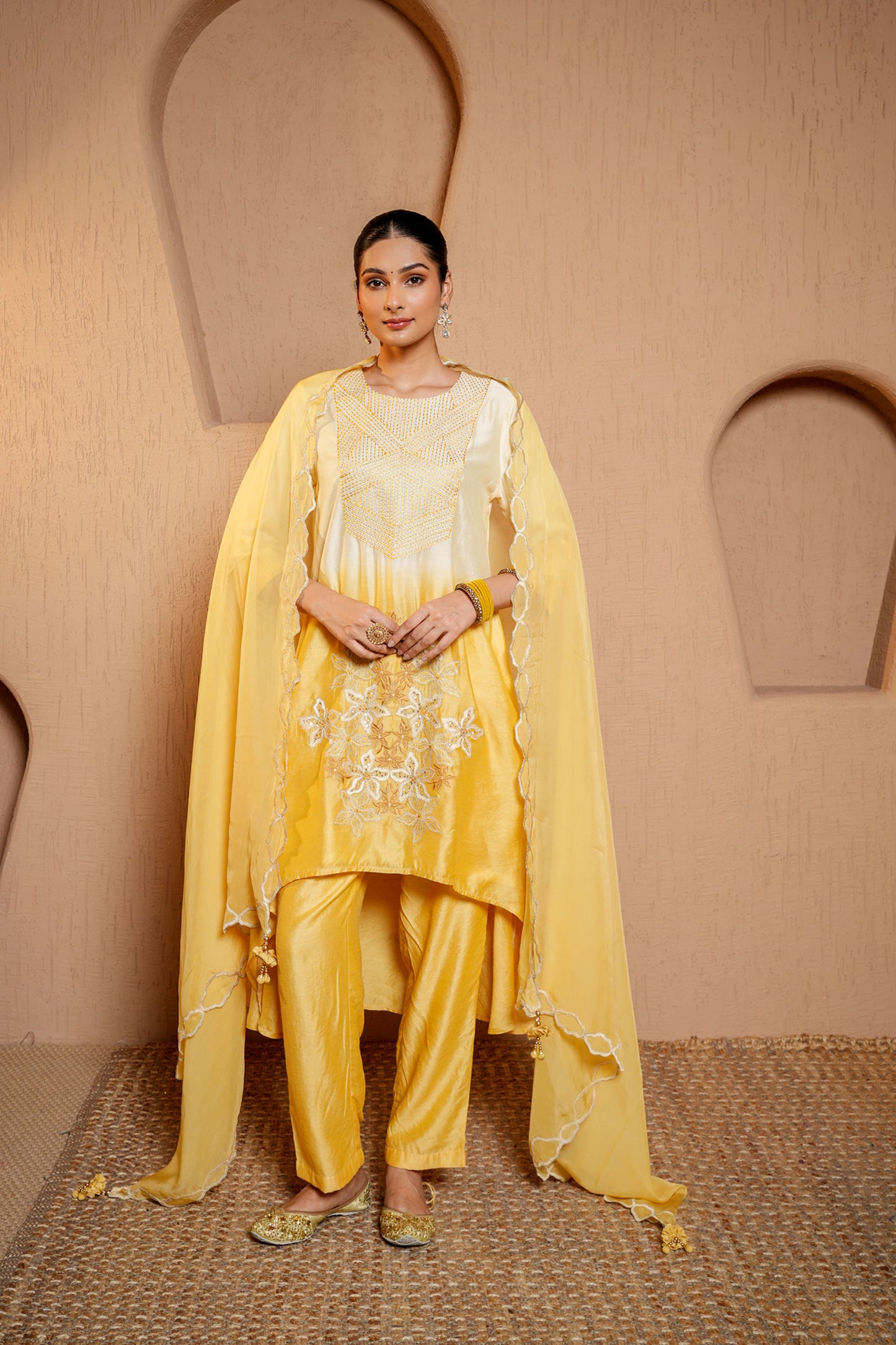 White & Yellow Chanderi Thread Work Embroidery Kurta Set