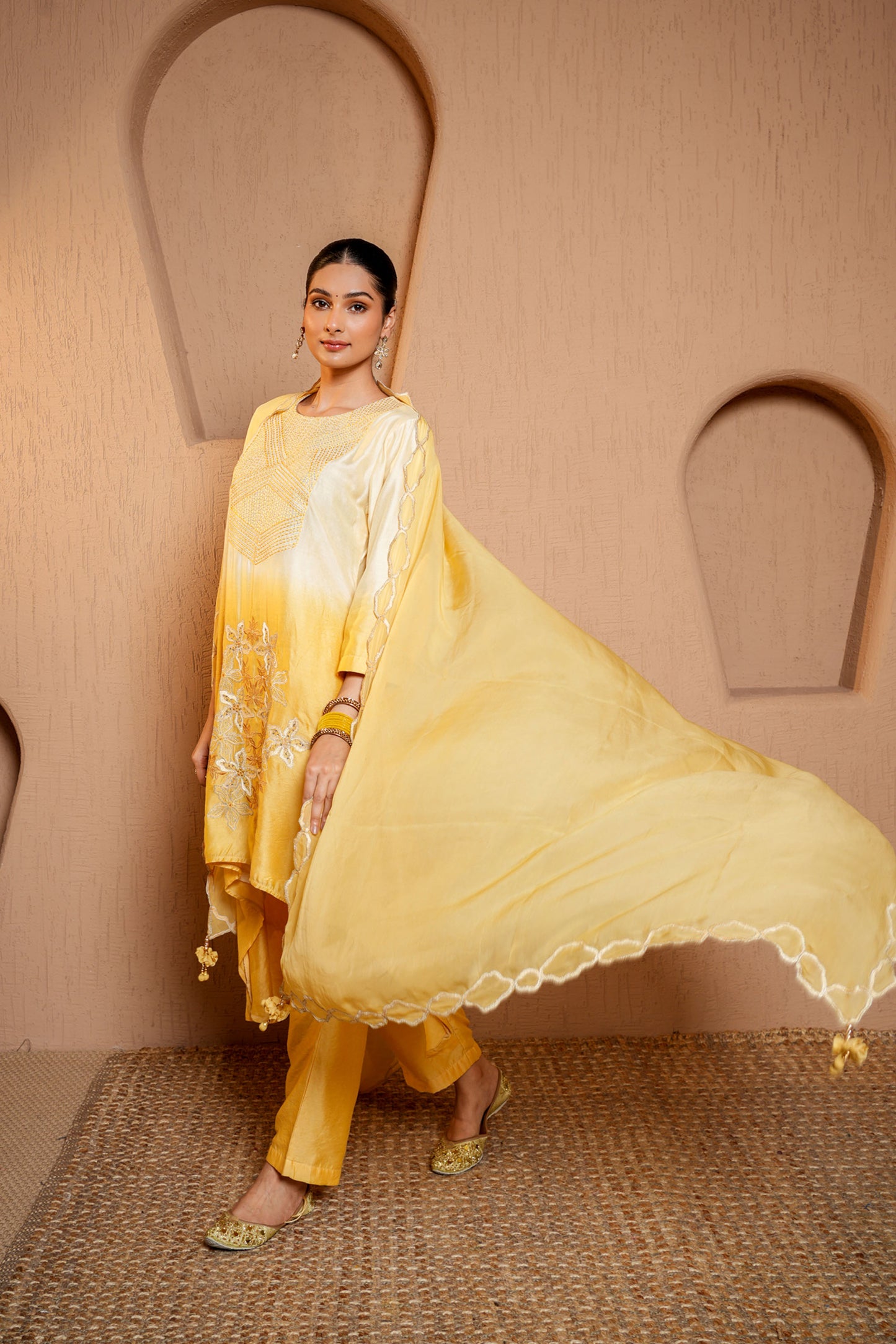 White & Yellow Chanderi Thread Work Embroidery Kurta Set