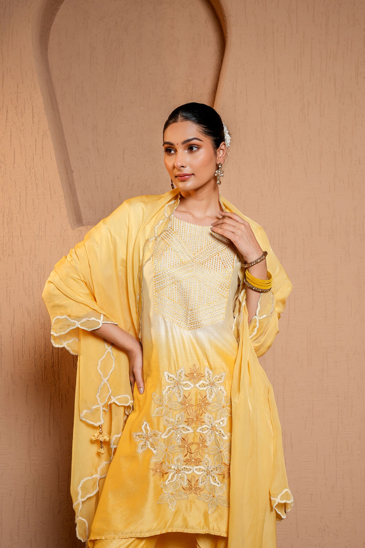 White & Yellow Chanderi Thread Work Embroidery Kurta Set