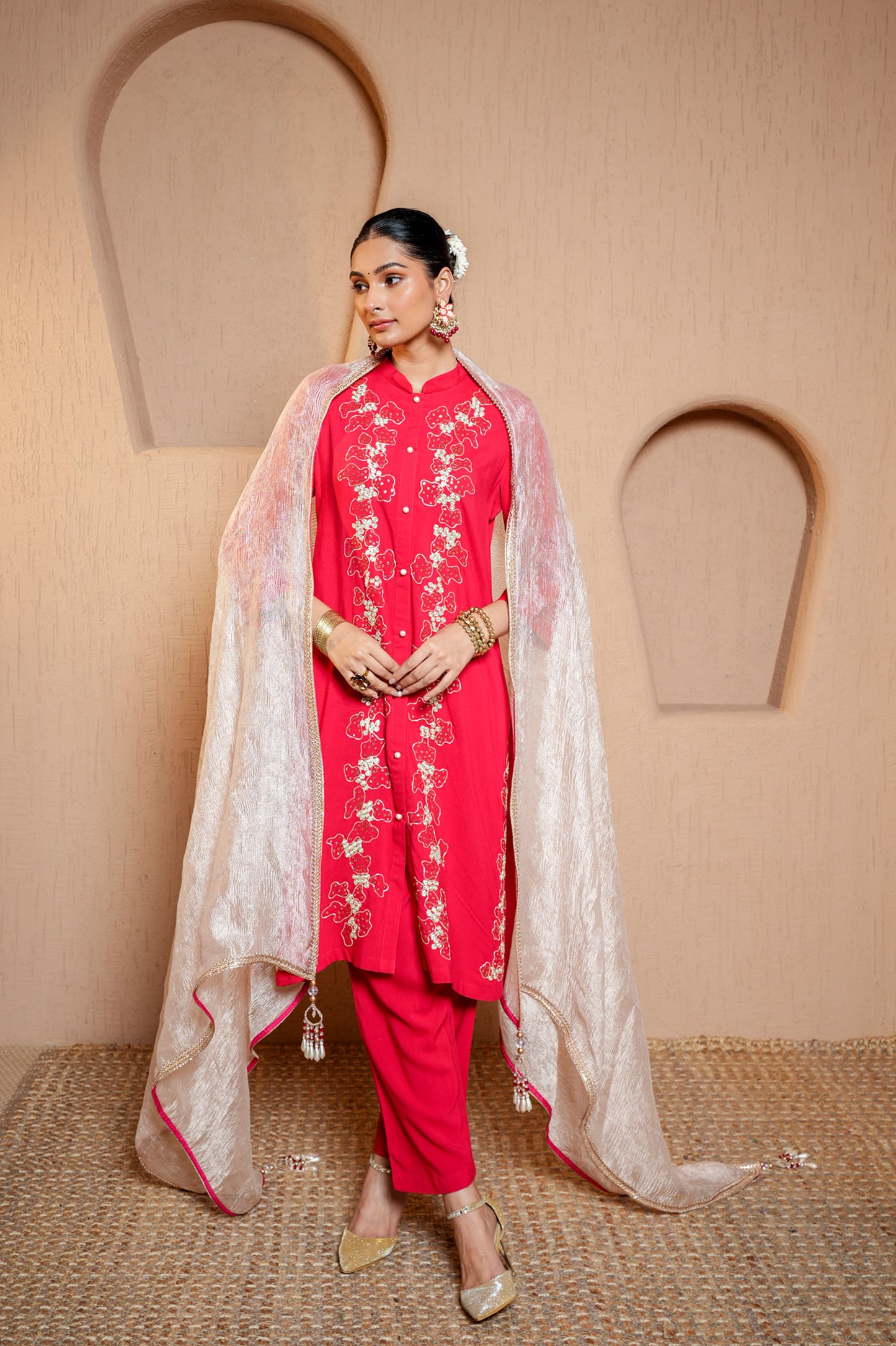 Red Rayon Zari & Dori Machine Embroidery Kurta Set
