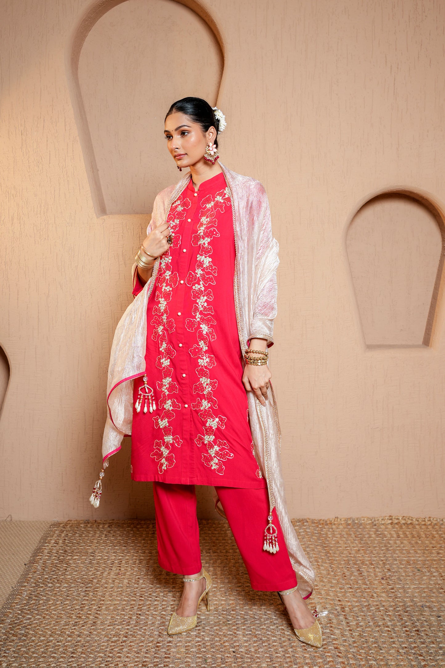 Red Rayon Zari & Dori Machine Embroidery Kurta Set