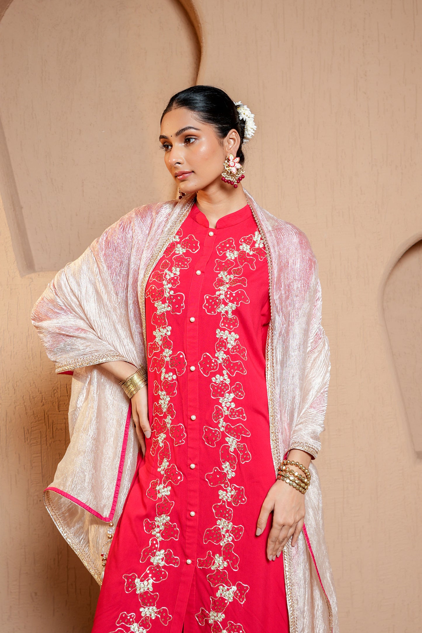 Red Rayon Zari & Dori Machine Embroidery Kurta Set