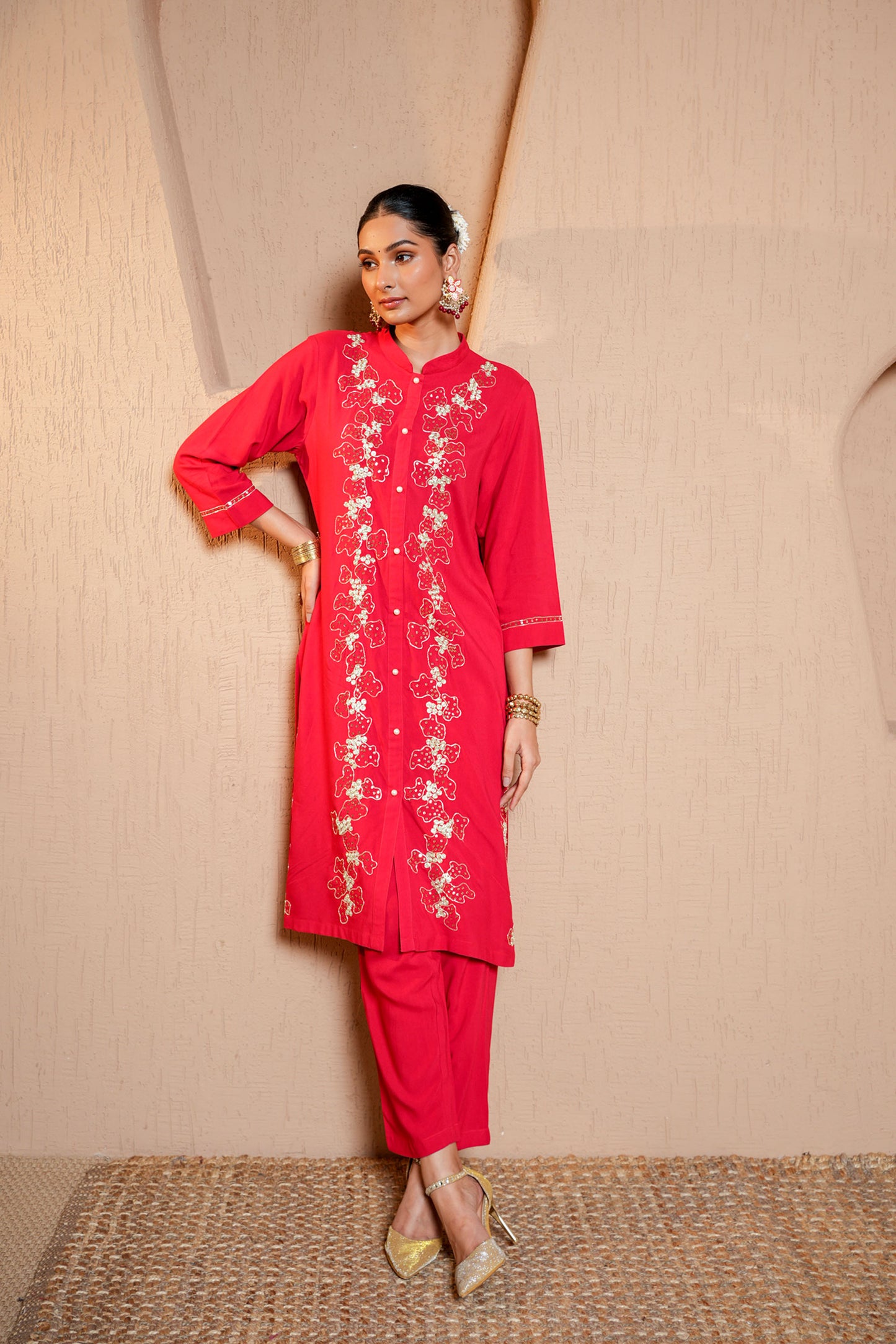 Red Rayon Zari & Dori Machine Embroidery Kurta Set