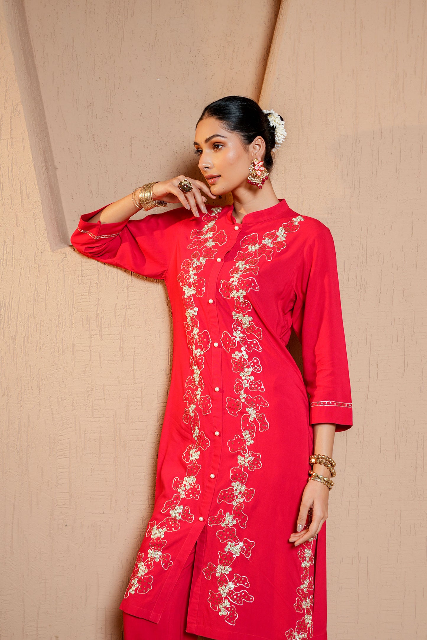 Red Rayon Zari & Dori Machine Embroidery Kurta Set