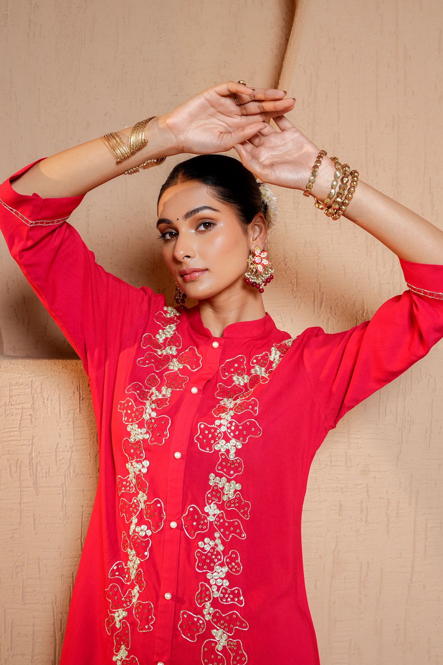 Red Rayon Zari & Dori Machine Embroidery Kurta Set