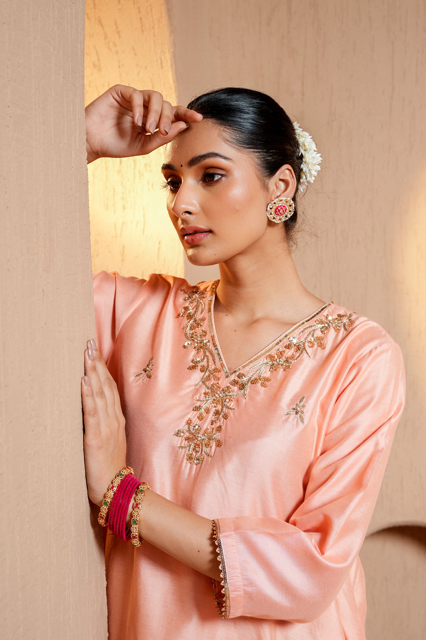 Peach Chanderi Booti & SequinsHand Work Kurta Set