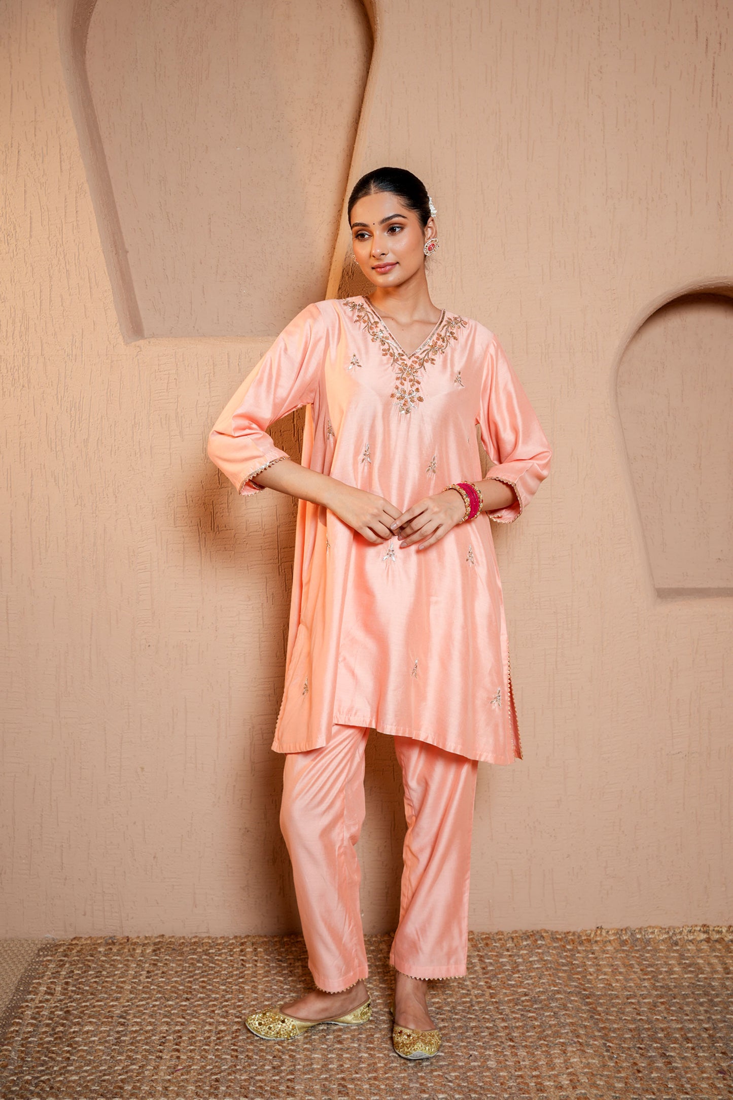 Peach Chanderi Booti & SequinsHand Work Kurta Set