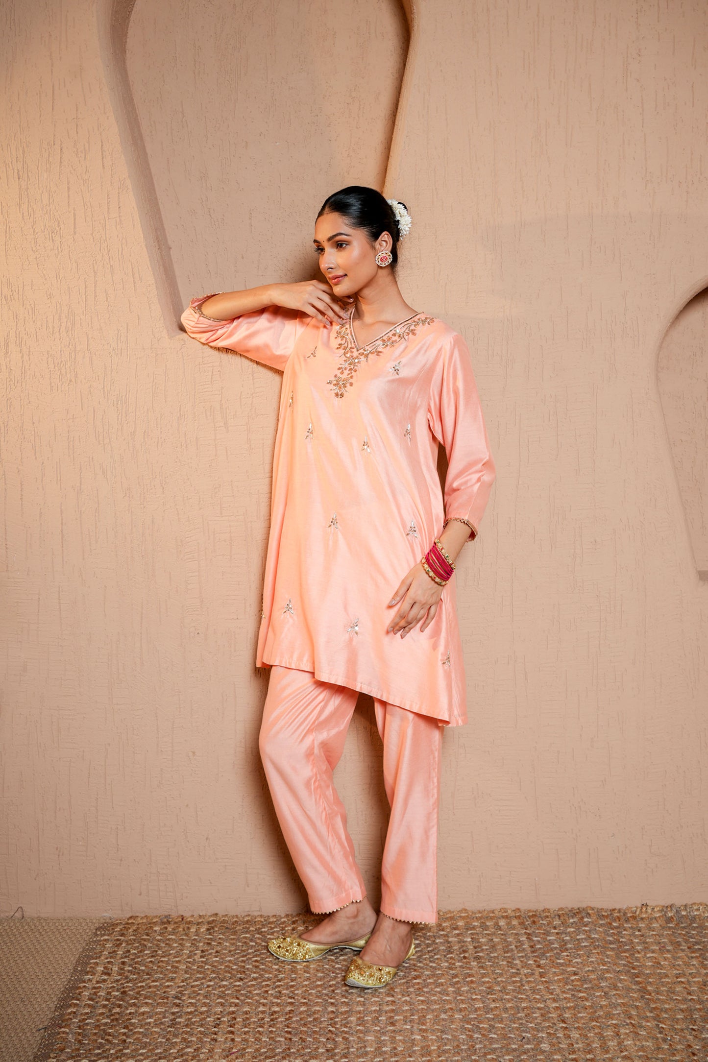 Peach Chanderi Booti & SequinsHand Work Kurta Set