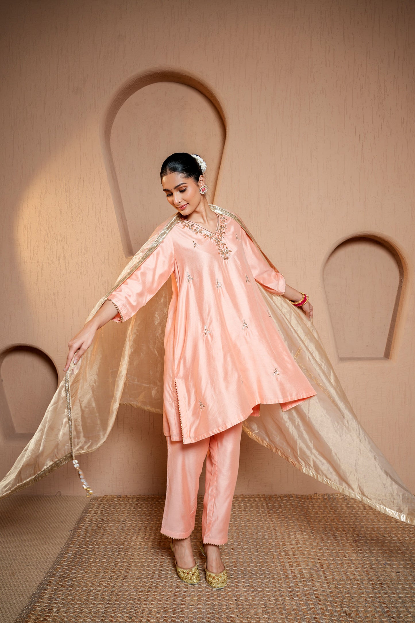 Peach Chanderi Booti & SequinsHand Work Kurta Set