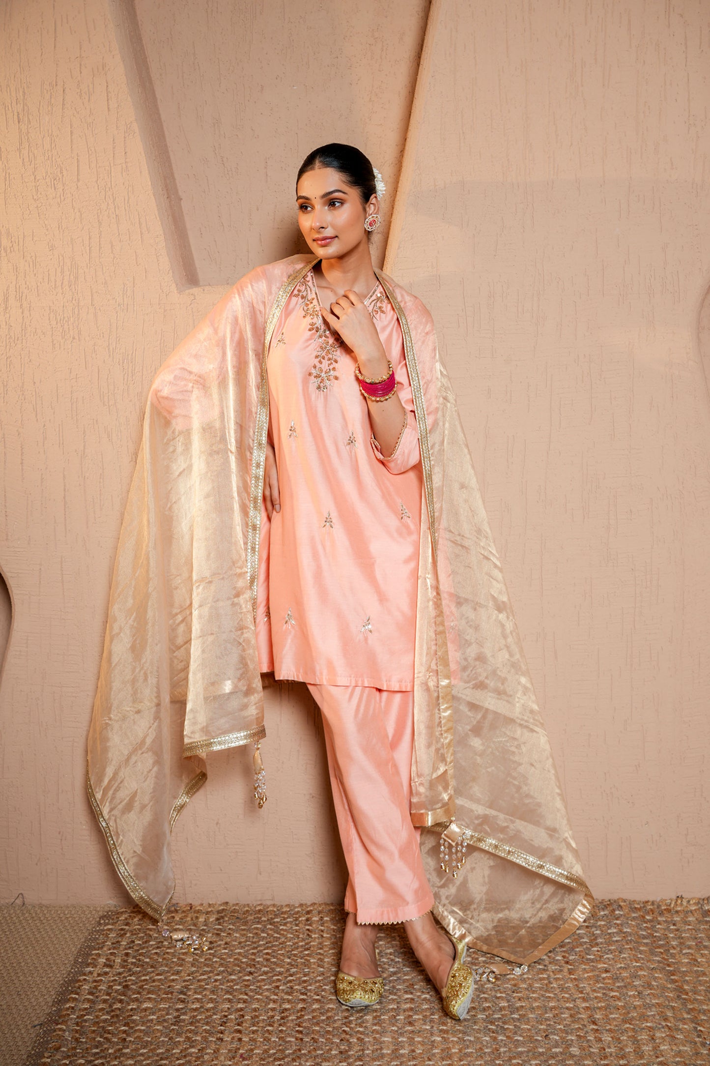 Peach Chanderi Booti & SequinsHand Work Kurta Set