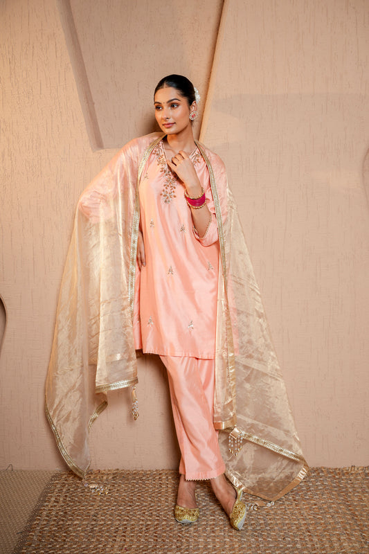 Peach Chanderi Booti & SequinsHand Work Kurta Set