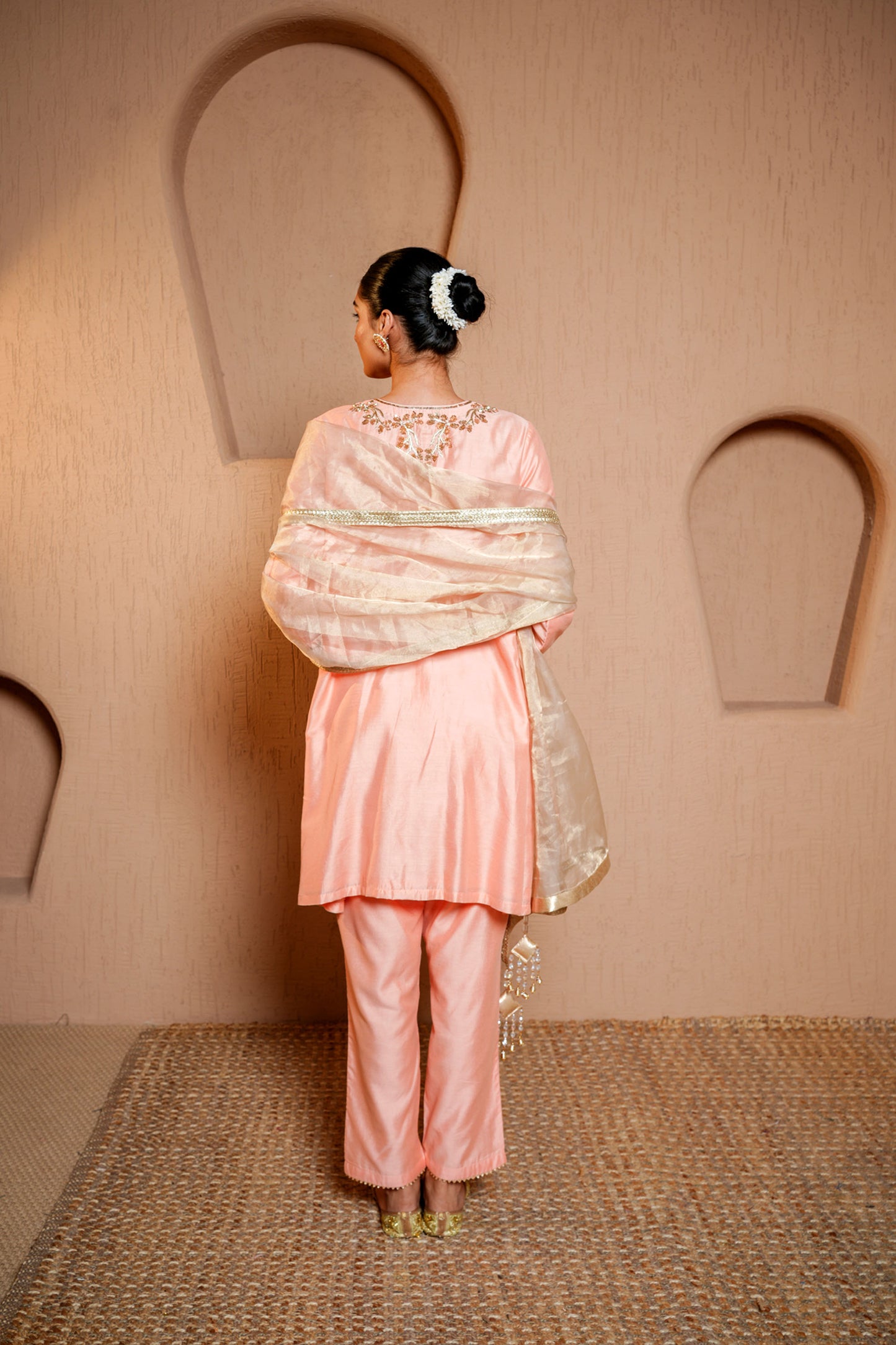Peach Chanderi Booti & SequinsHand Work Kurta Set