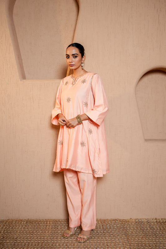 Peach Chanderi  Dori & SequinsHand Work Kurta Set