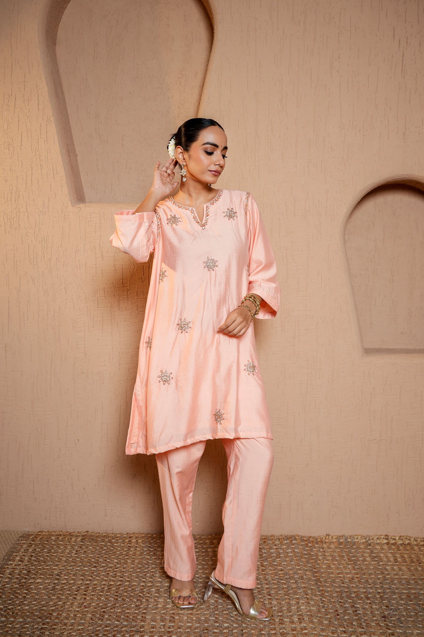 Peach Chanderi  Dori & SequinsHand Work Kurta Set