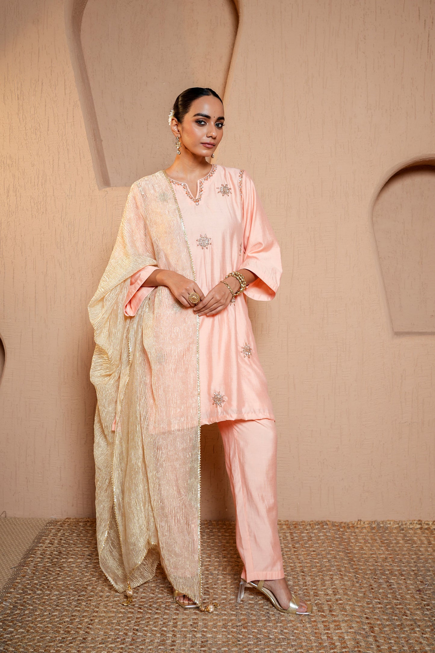 Peach Chanderi  Dori & SequinsHand Work Kurta Set