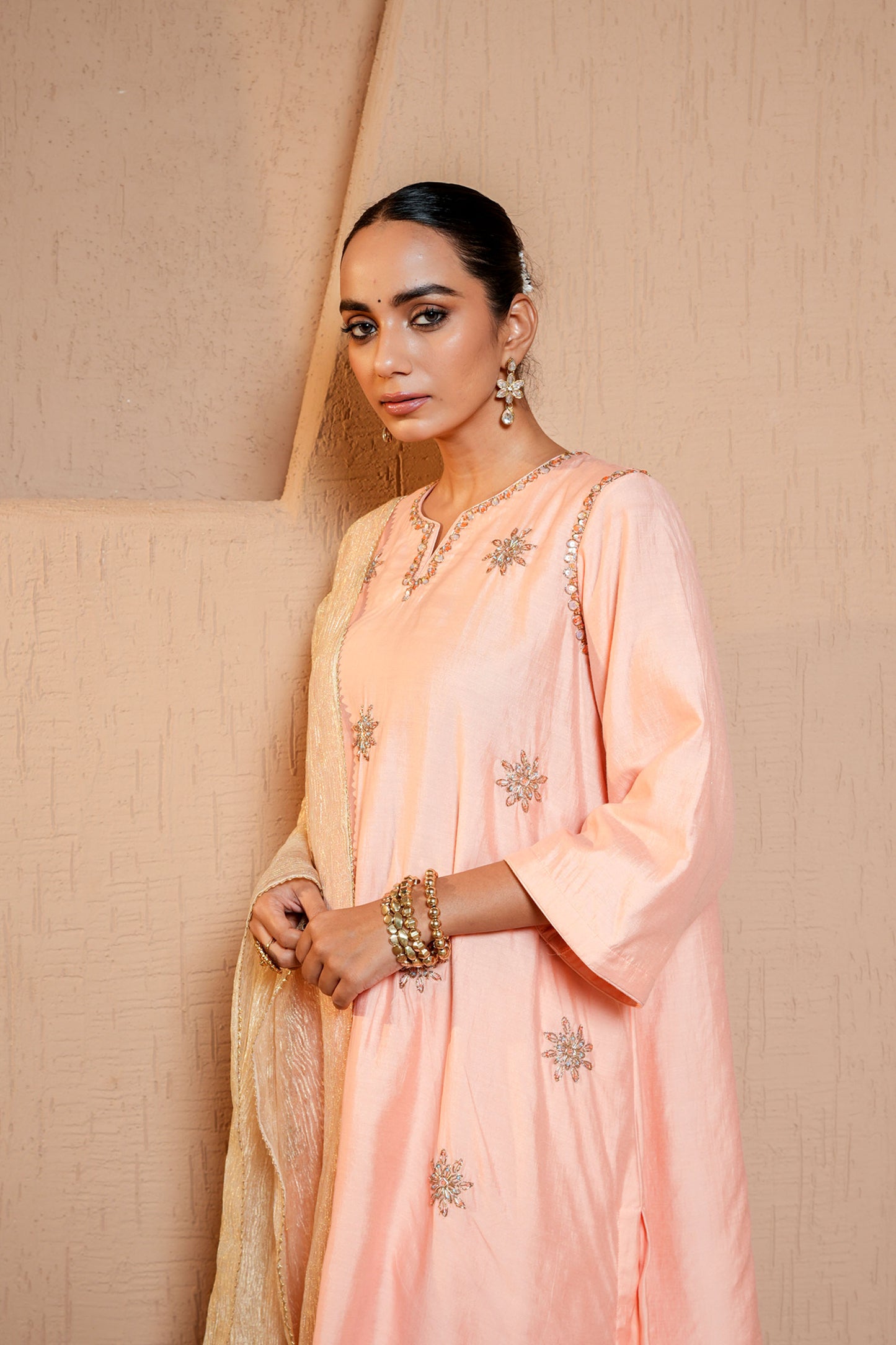 Peach Chanderi  Dori & SequinsHand Work Kurta Set