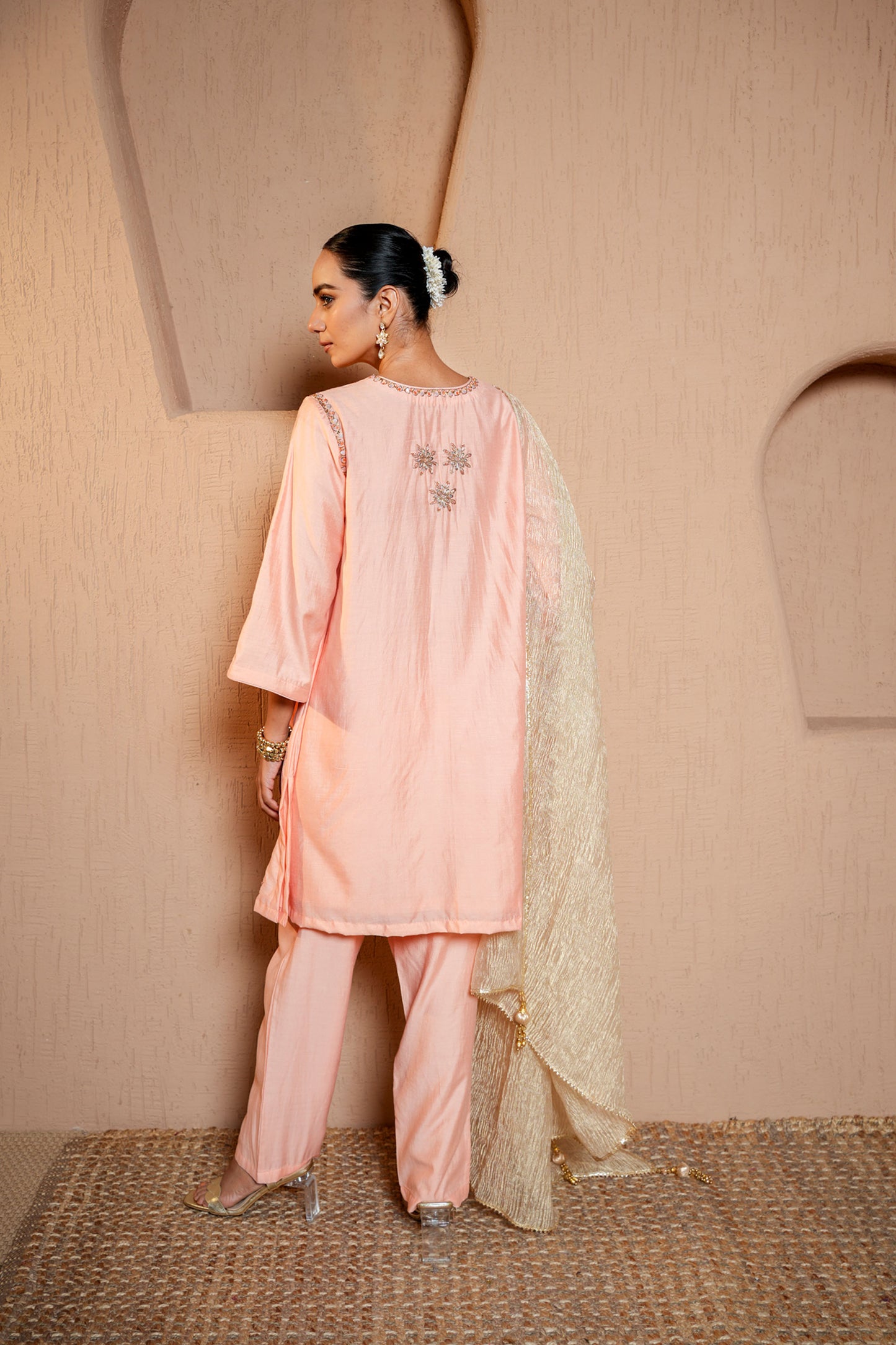 Peach Chanderi  Dori & SequinsHand Work Kurta Set