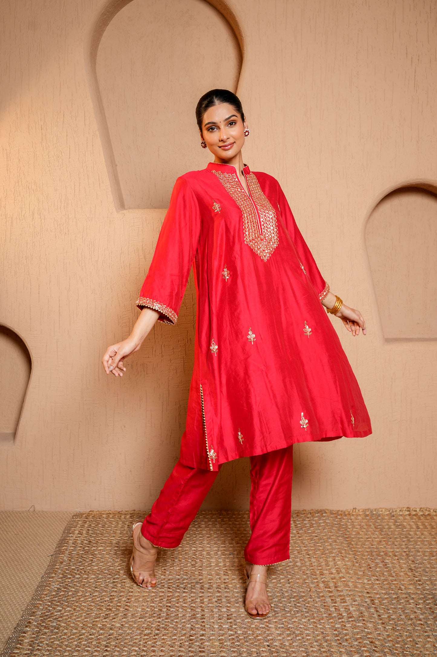 Red Chanderi Zari And Sequene Hand Work Kurta Set