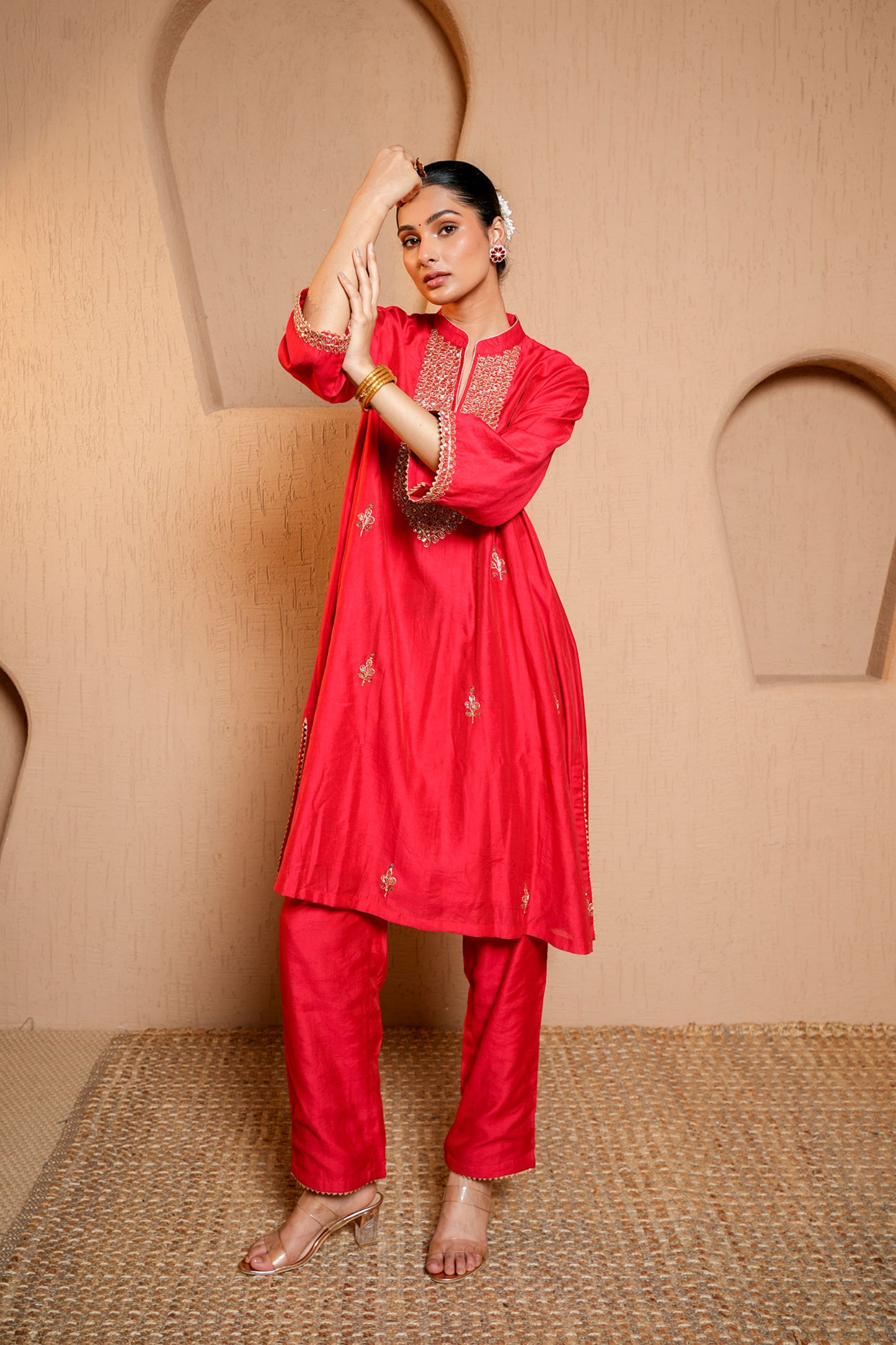Red Chanderi Zari And Sequene Hand Work Kurta Set
