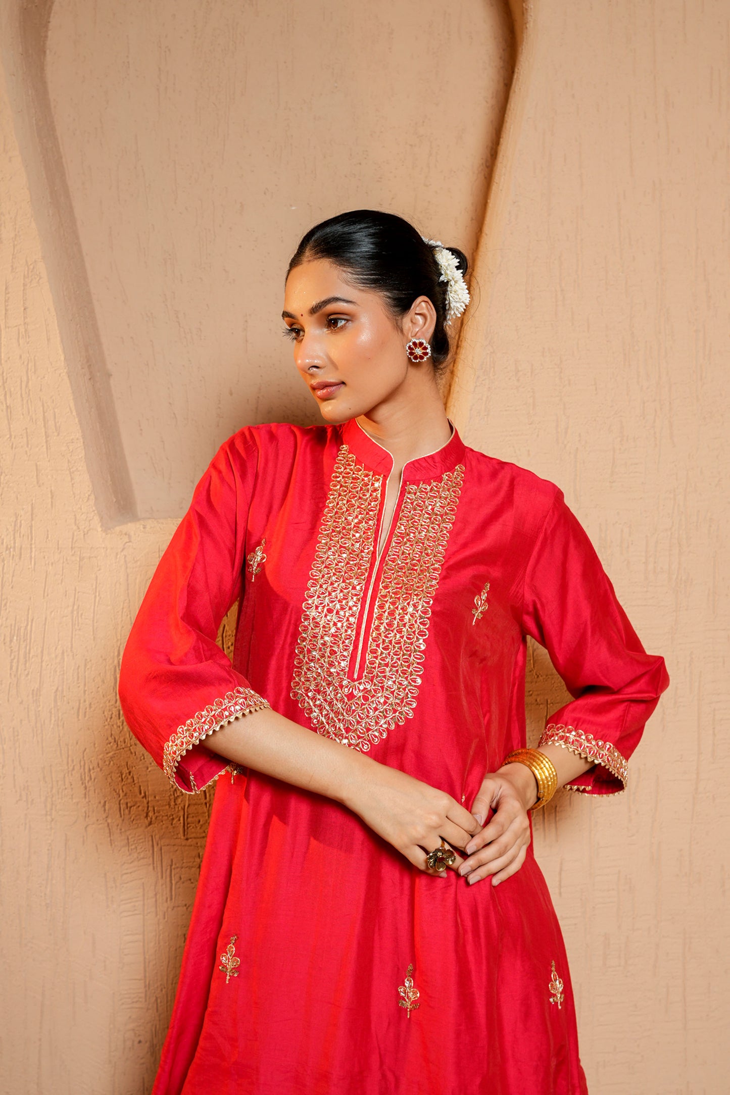Red Chanderi Zari And Sequene Hand Work Kurta Set