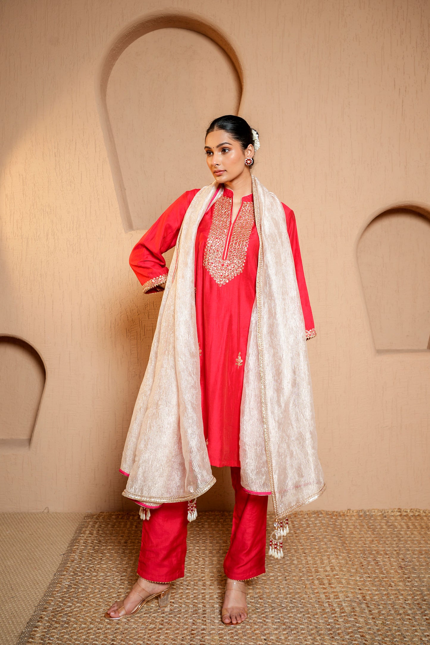 Red Chanderi Zari And Sequene Hand Work Kurta Set